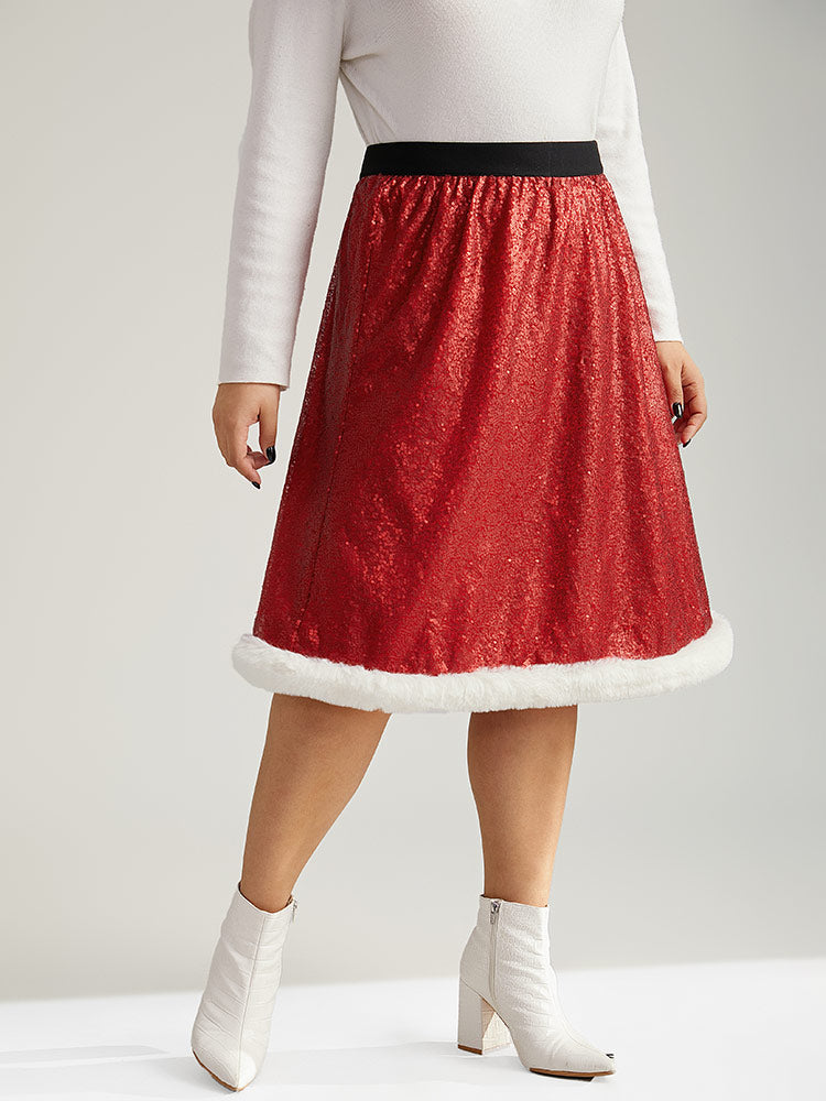 Christmas Sequin Patchwork Fuzzy Trim Skirt