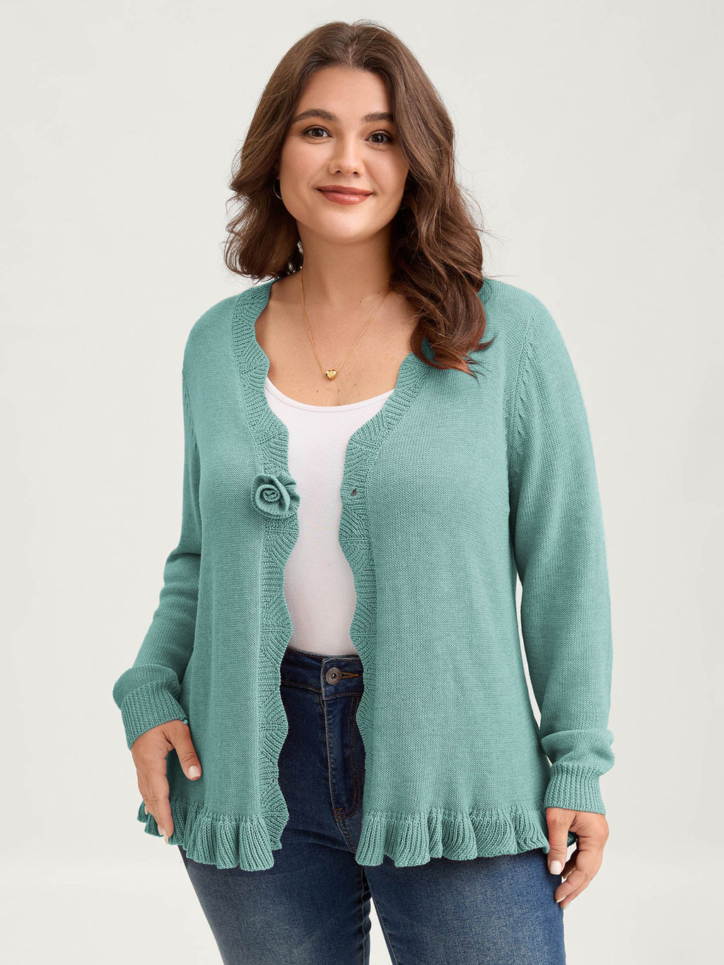 Supersoft Textured Floral Button Ruffled Hem Knit Cardigan