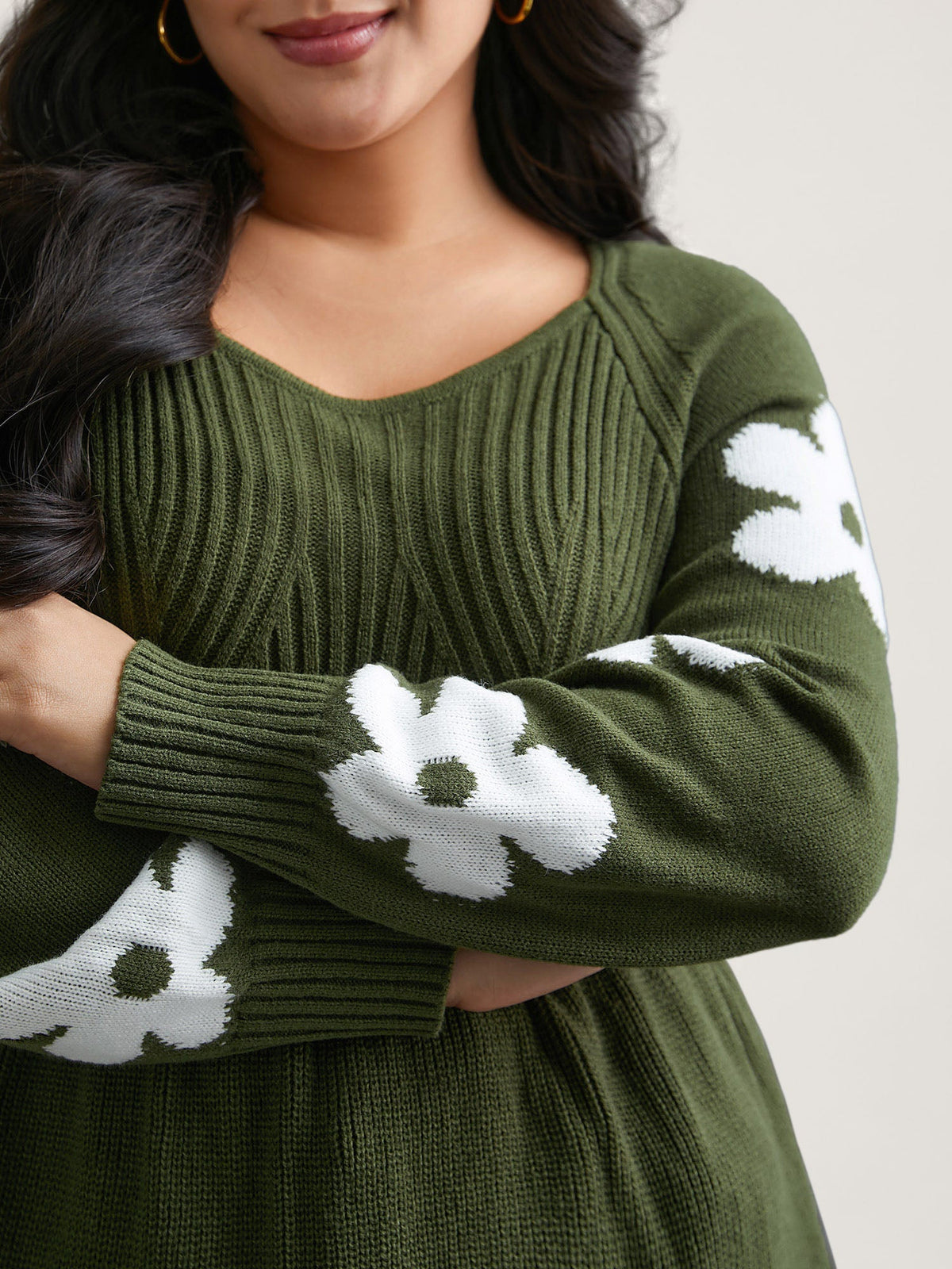 Floral Patch Jacquard Cinched Waist Pullover