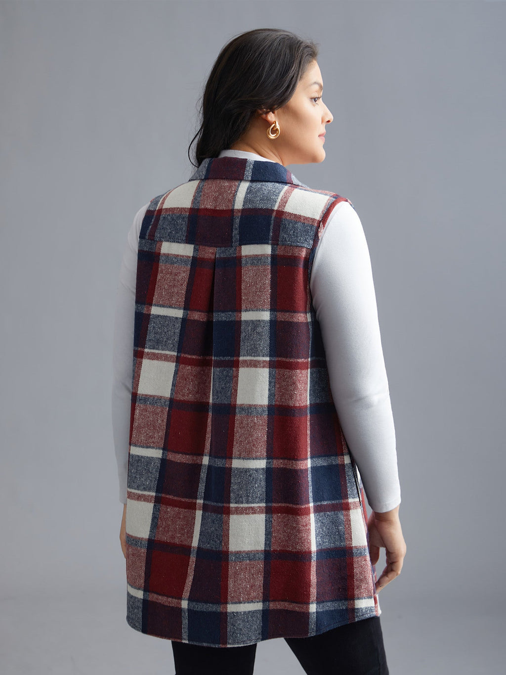 Plaid Button‑Front Sleeveless Jacket