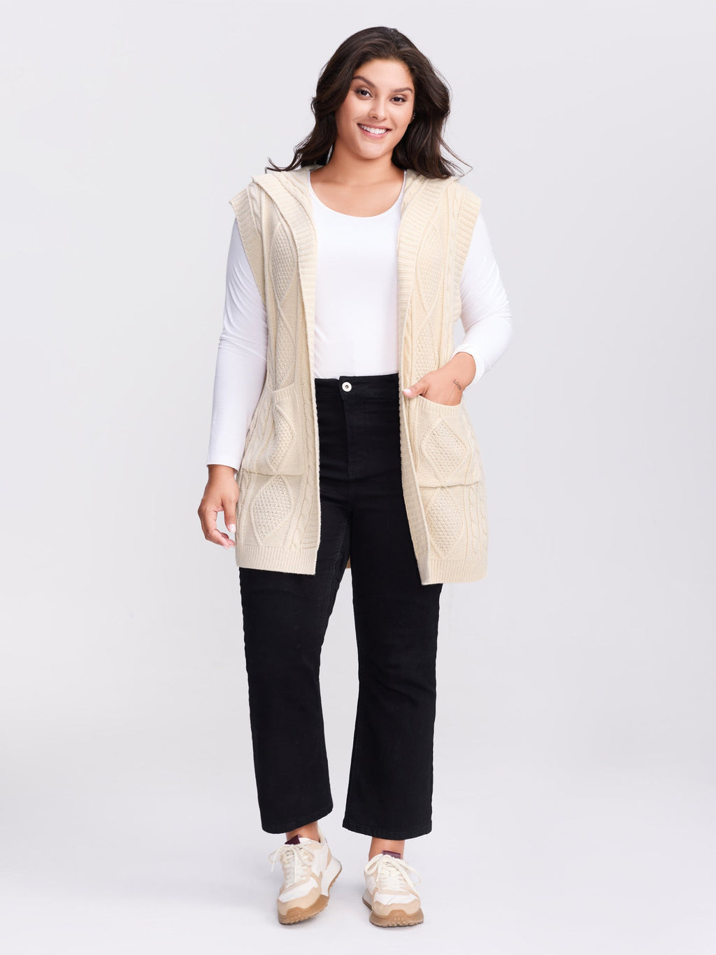 Hooded Sleeveless Cable Knit Cardigan