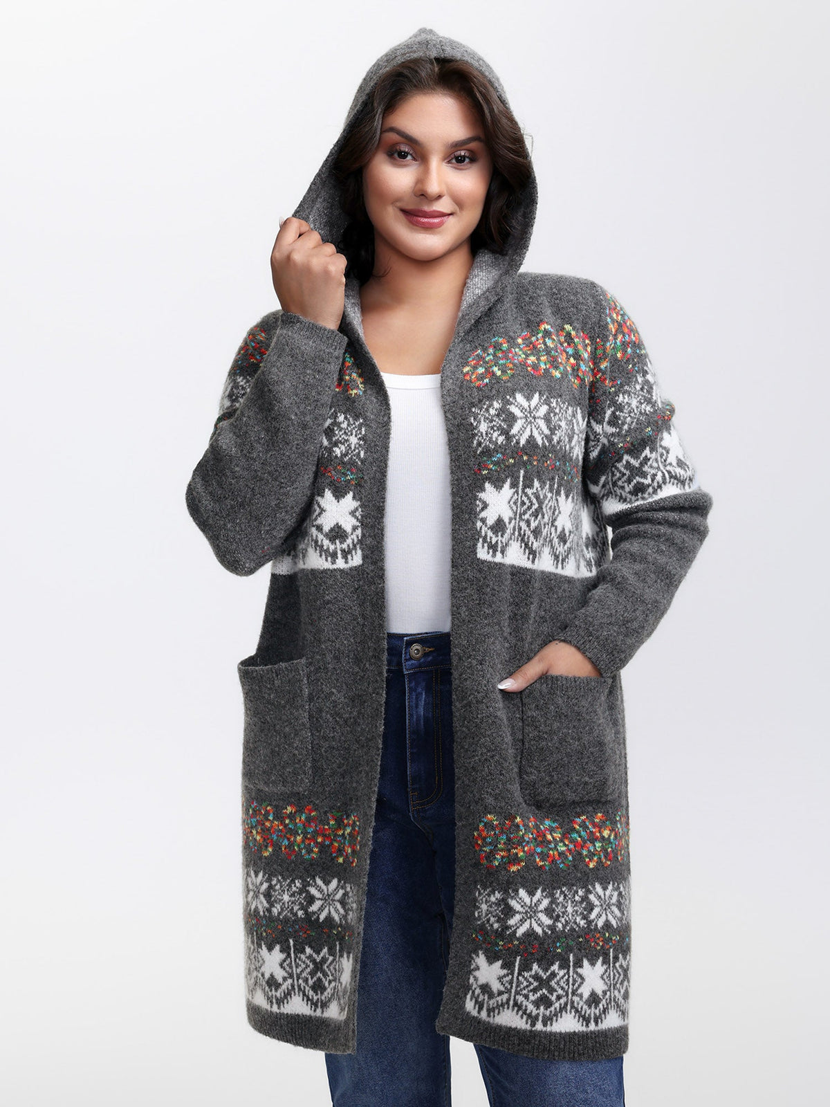 Boho Print Jacquard Hooded Knit Cardigan
