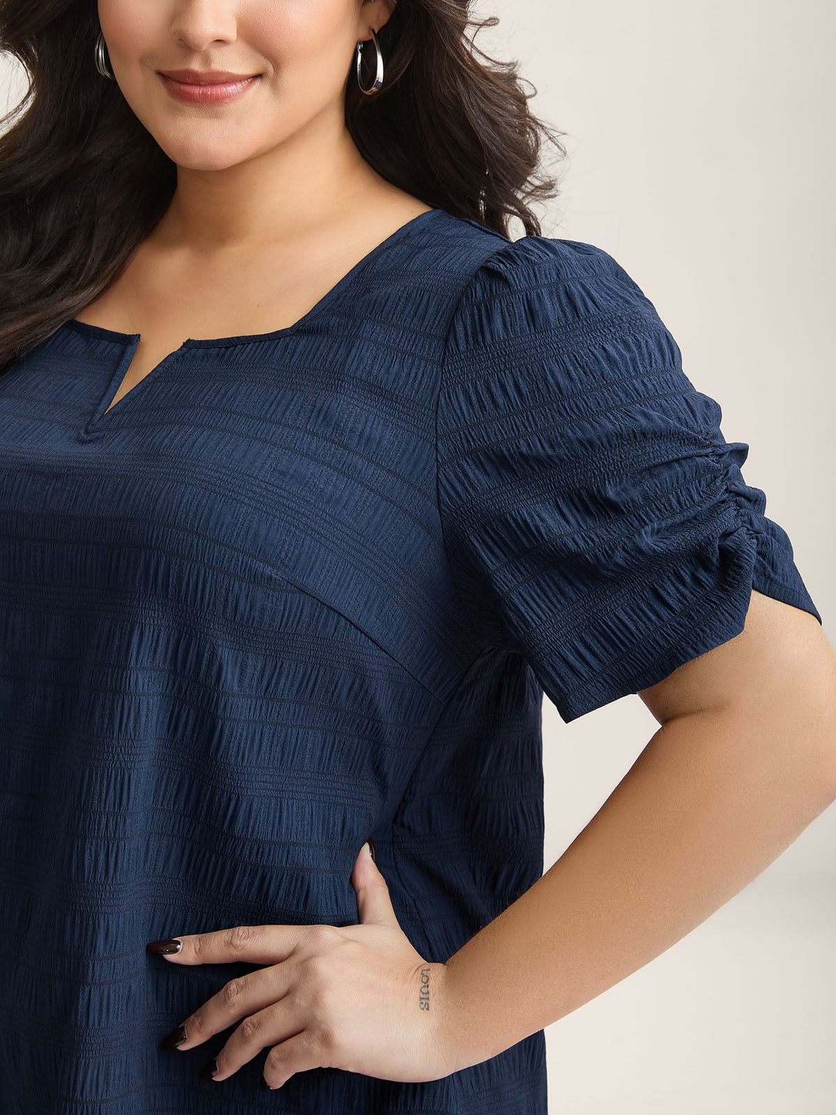 Textured Gathered Sleeve Split Neck Blouse