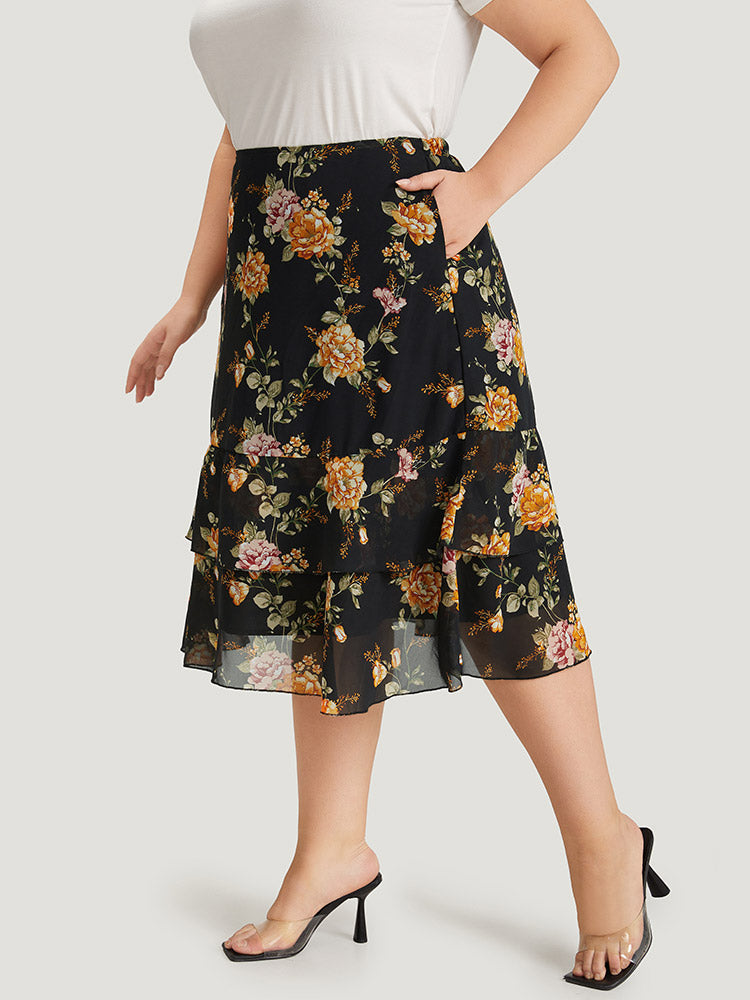 Floral Printed Flutter Layered Skirt