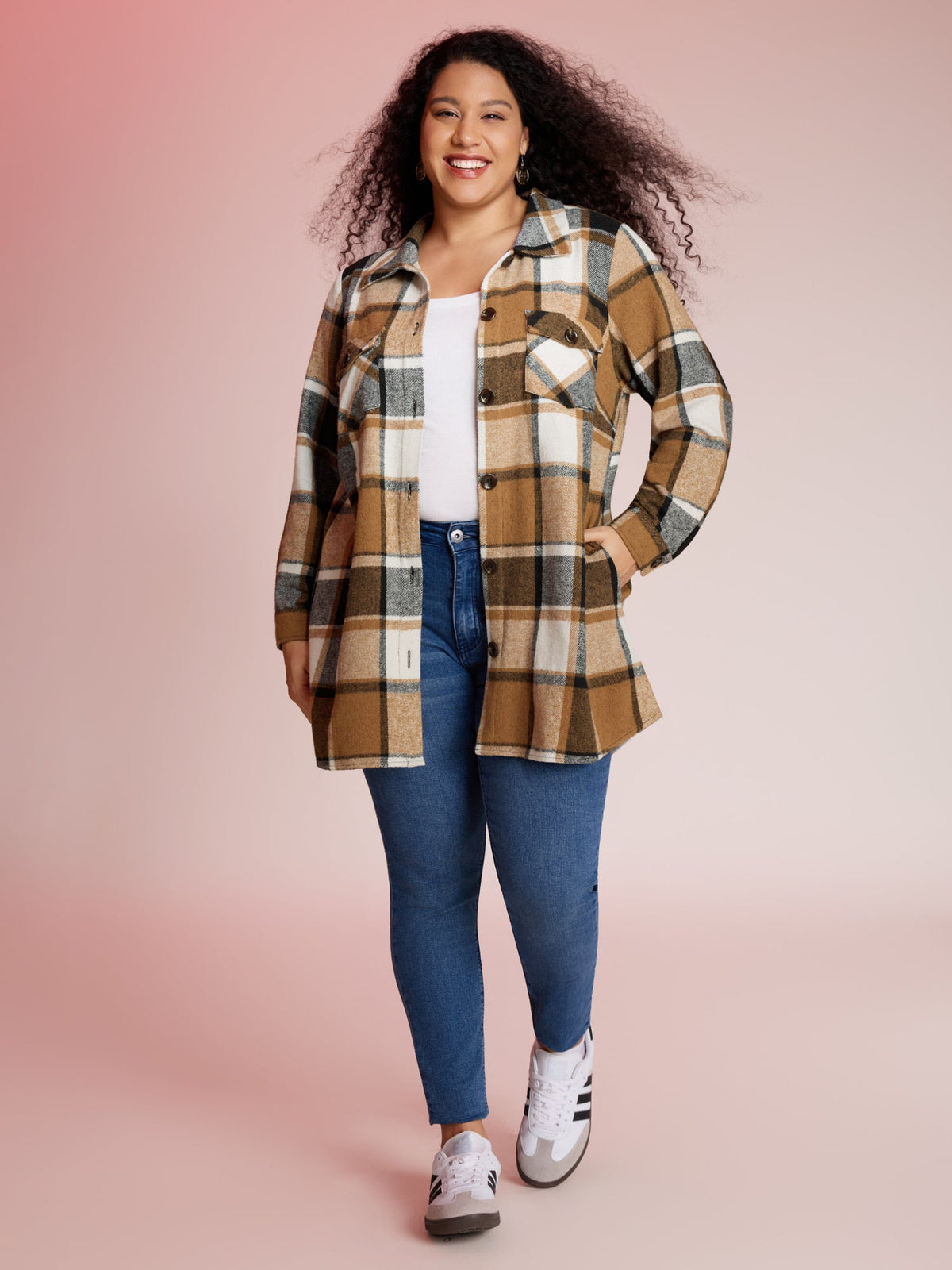 Plaid Chest Pockets Long Jacket