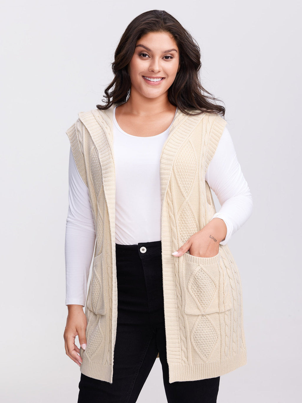 Hooded Sleeveless Cable Knit Cardigan