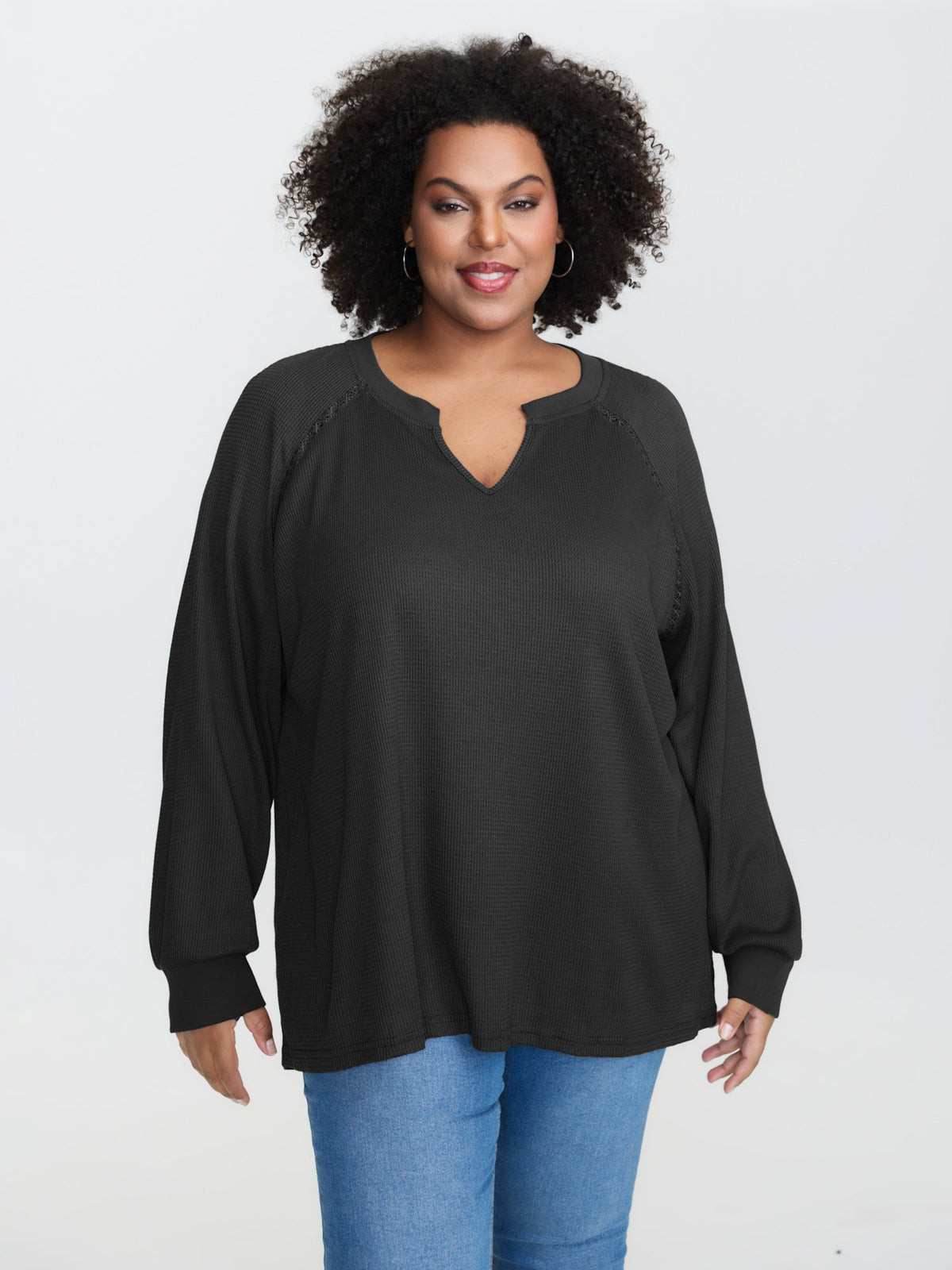 Waffle Grid Notched Collar Lace Sweatshirt