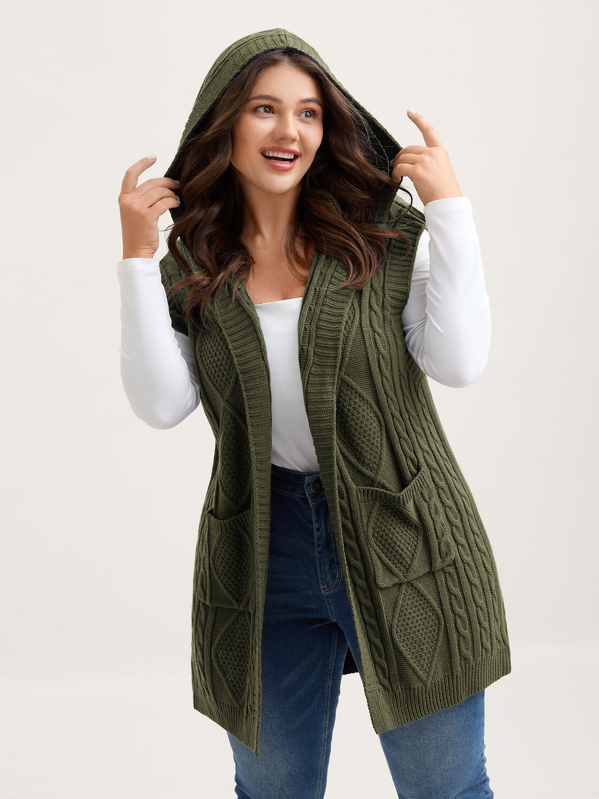 Hooded Sleeveless Cable Knit Cardigan
