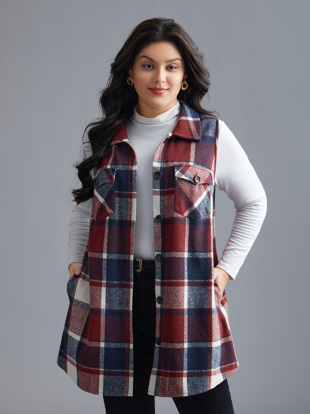 Plaid Button‑Front Sleeveless Jacket