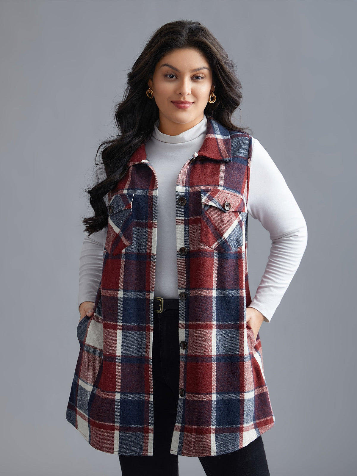 Plaid Button‑Front Sleeveless Jacket