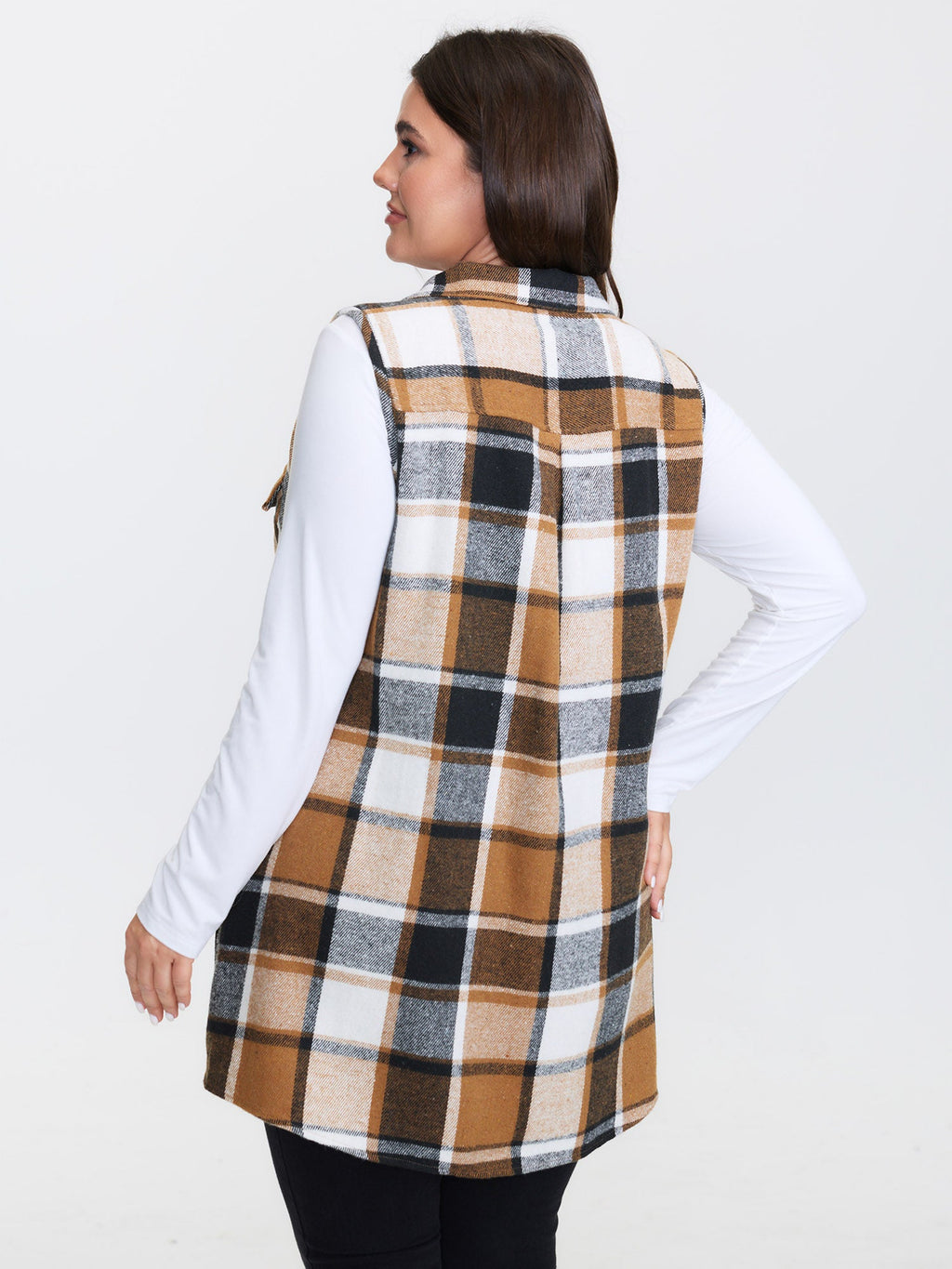 Plaid Button‑Front Sleeveless Jacket