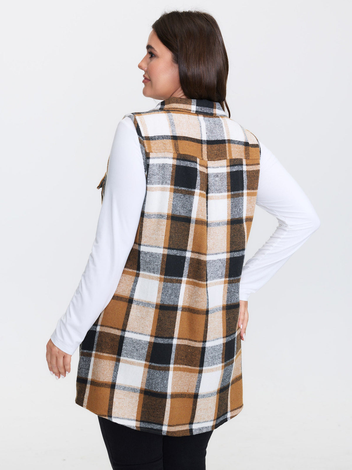 Plaid Button‑Front Sleeveless Jacket