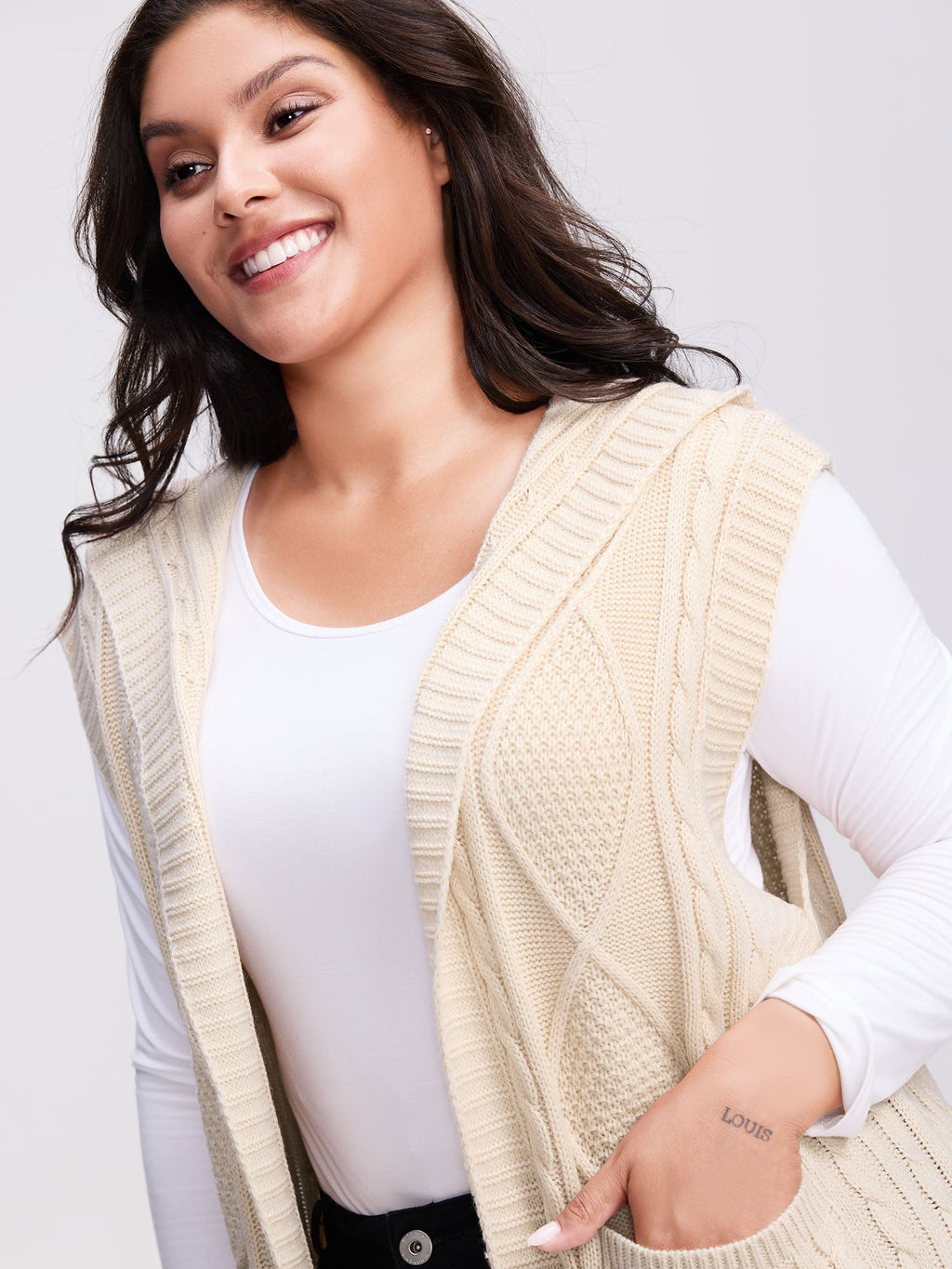 Hooded Sleeveless Cable Knit Cardigan