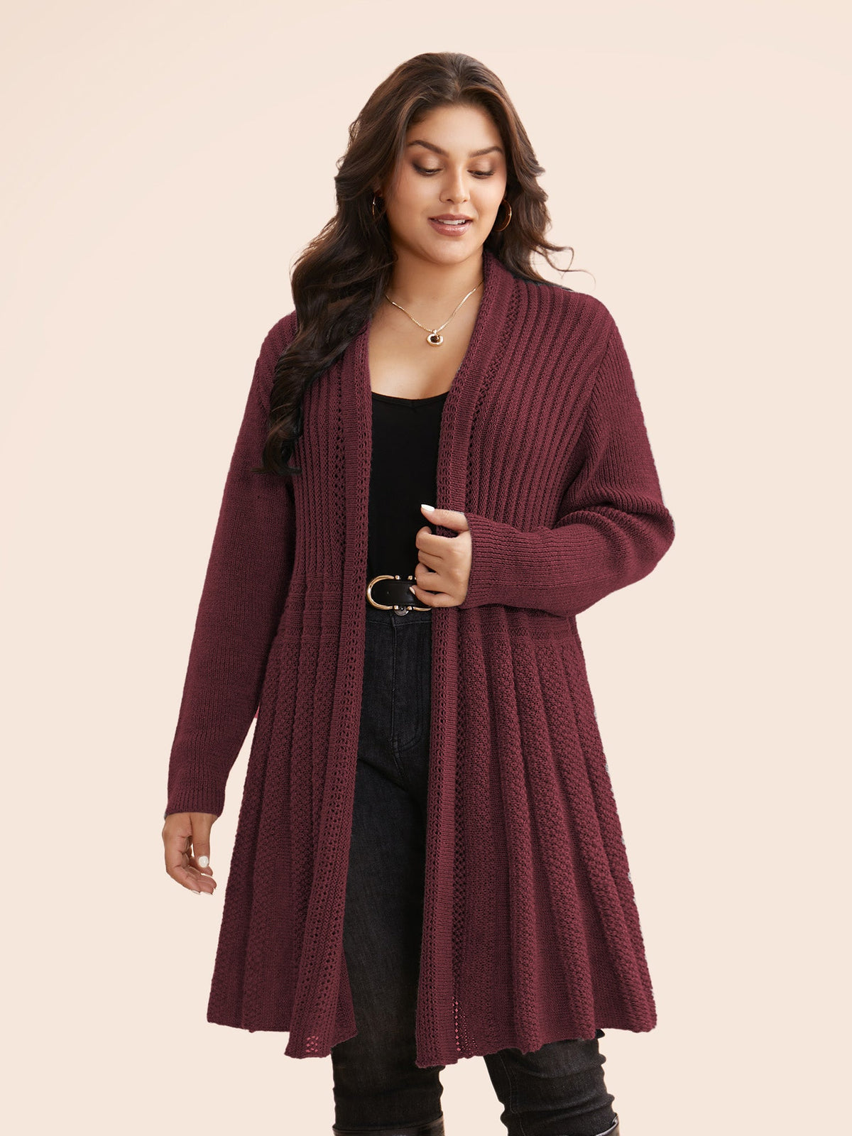 Textured Kimono Collar Long Cardigan