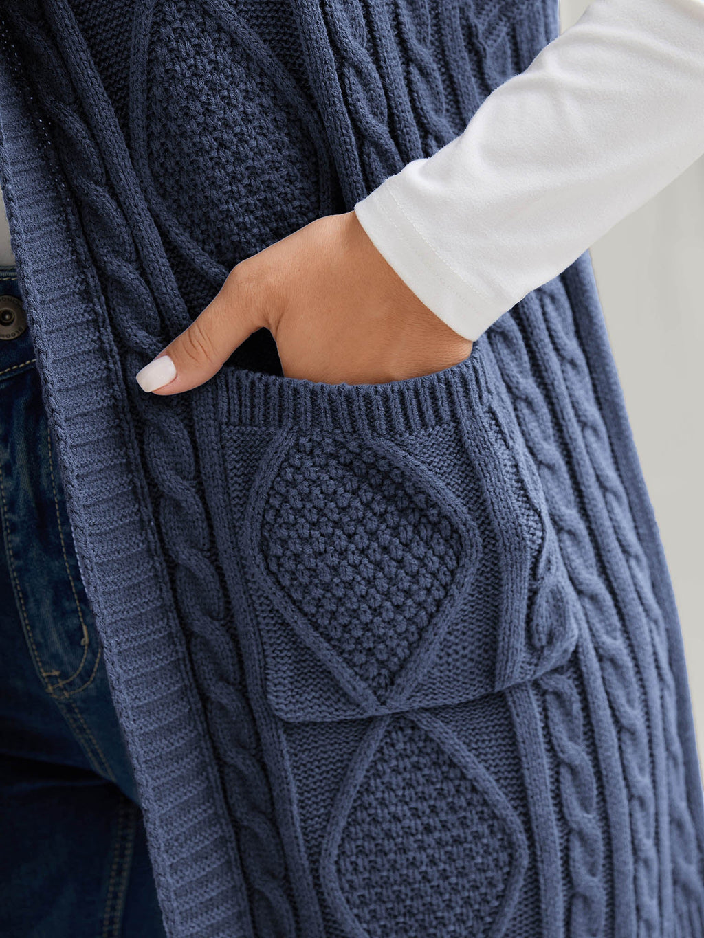 Hooded Sleeveless Cable Knit Cardigan