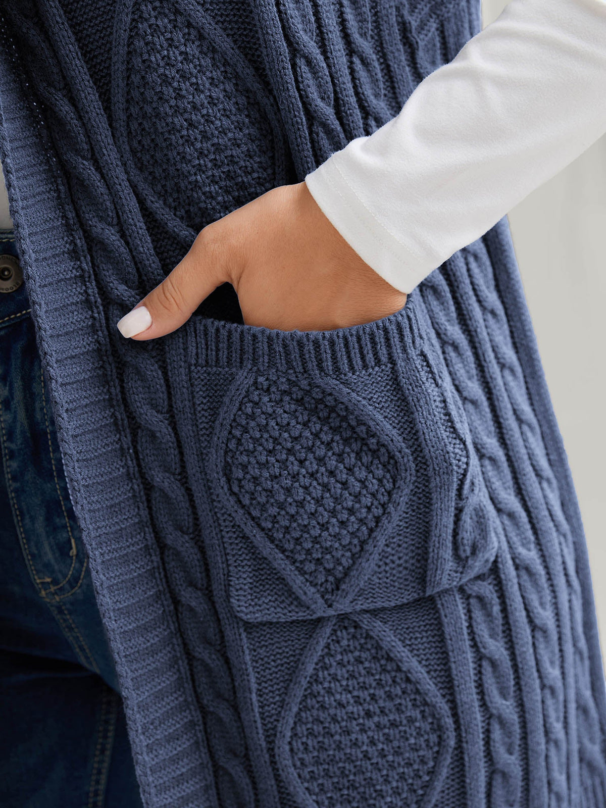 Hooded Sleeveless Cable Knit Cardigan