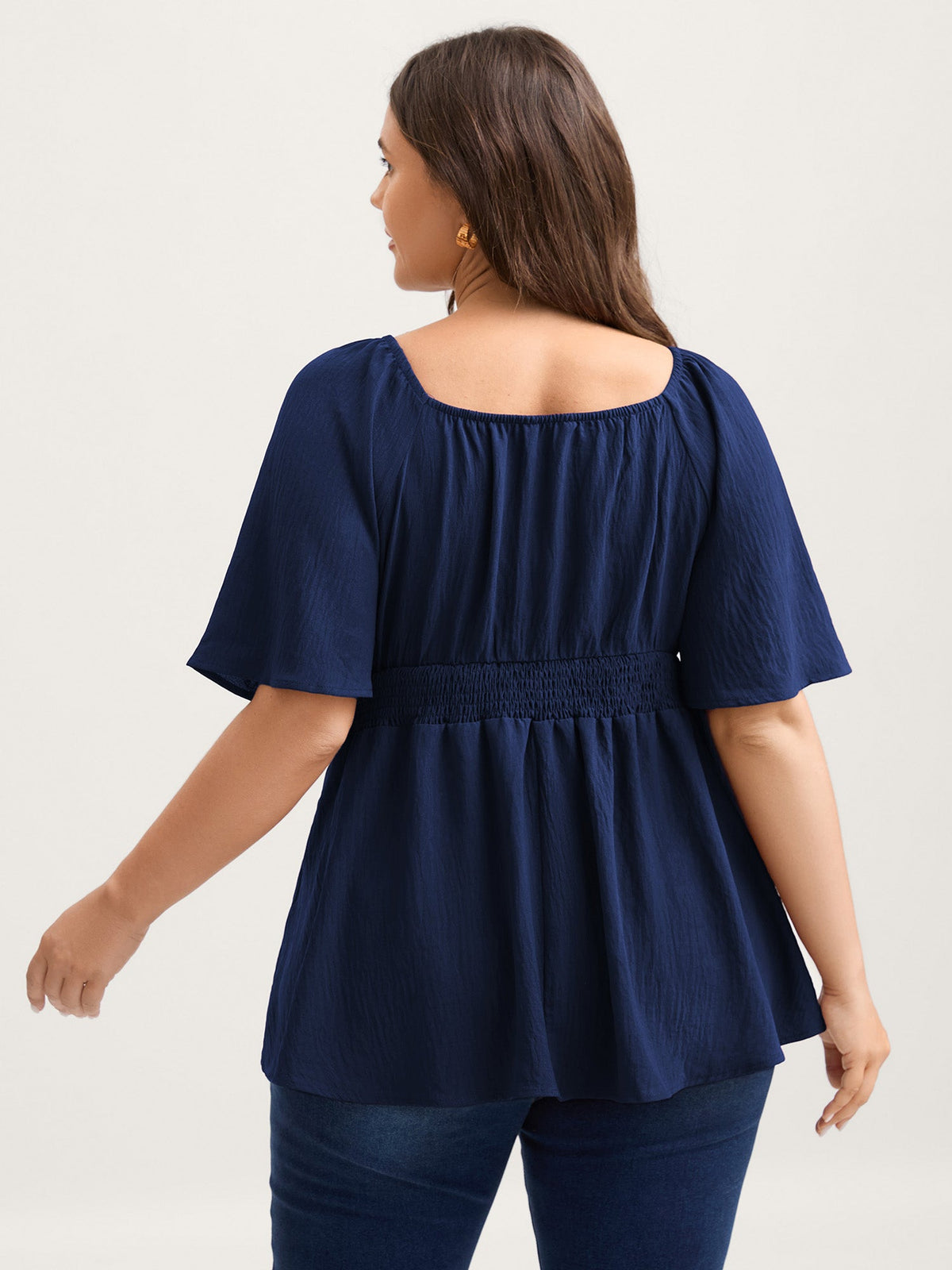 Stretchy Neckline Waist-Cinched Solid Blouse