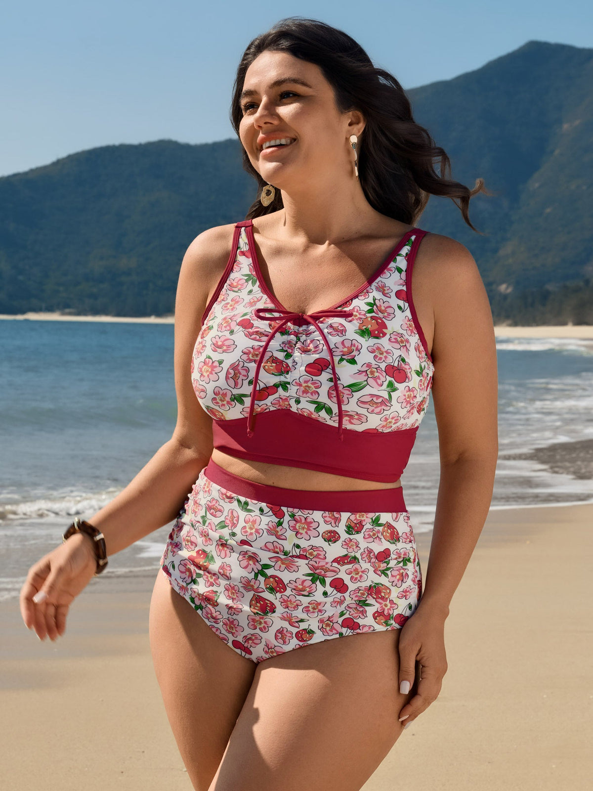 Floral Print Drawstring Front Bikini Top