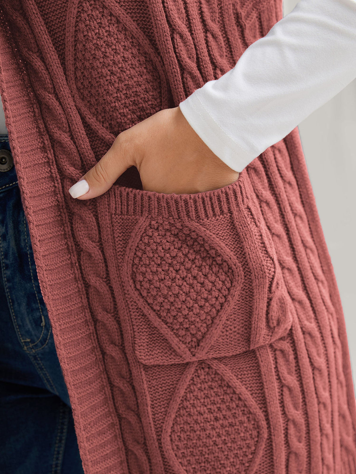 Hooded Sleeveless Cable Knit Cardigan