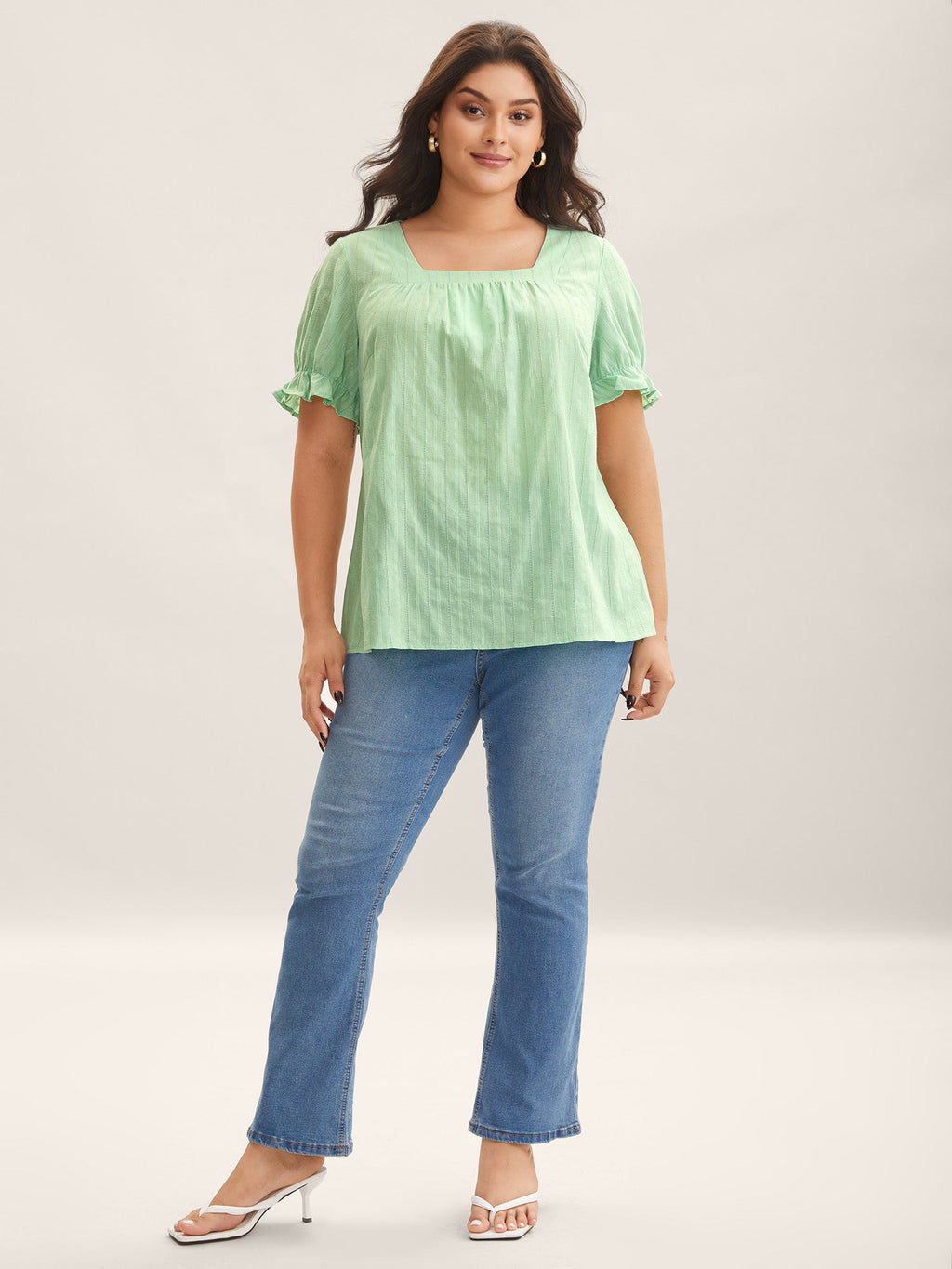 Cotton Square Neck Ruffled Sleeve Blouse
