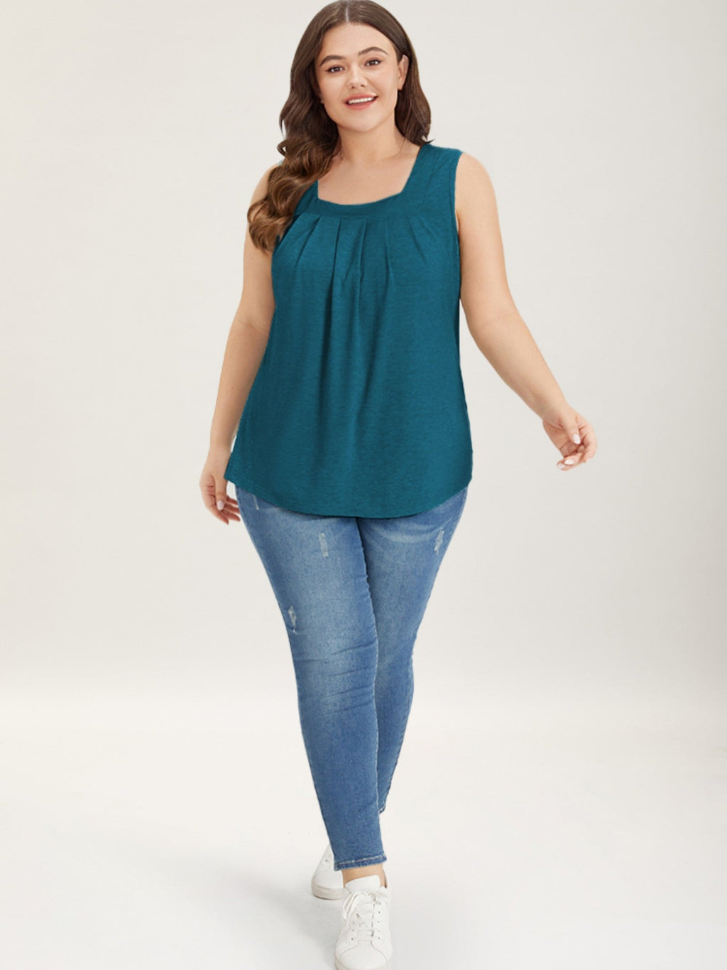 Heather Plicated Detail Square Neck Tank Top