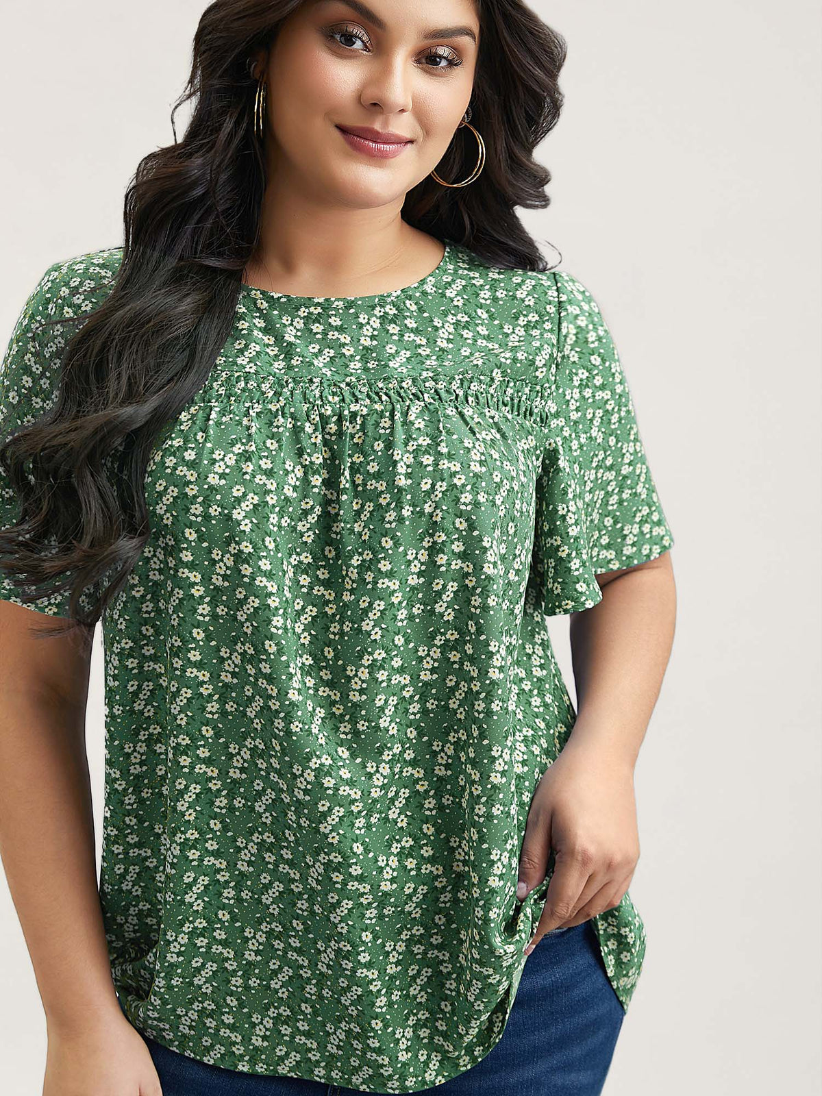 Floral Ruffle Sleeve Gathered Round Neck Blouse