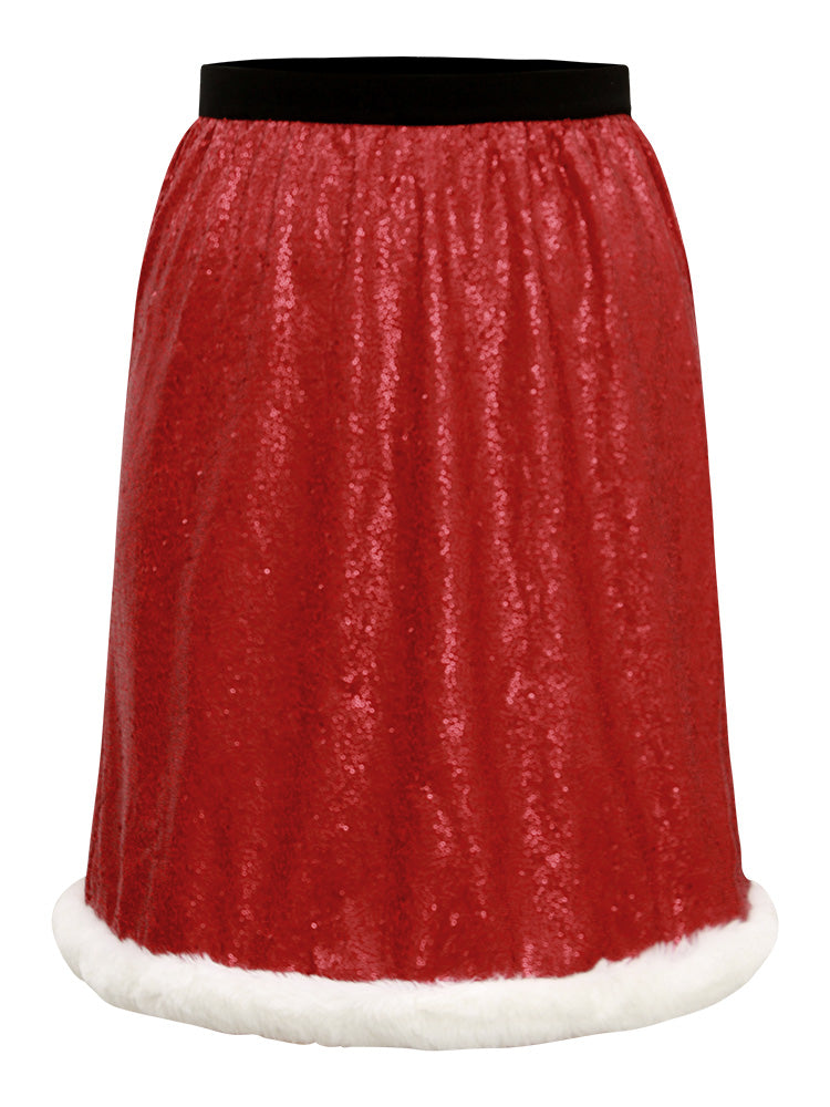 Christmas Sequin Patchwork Fuzzy Trim Skirt