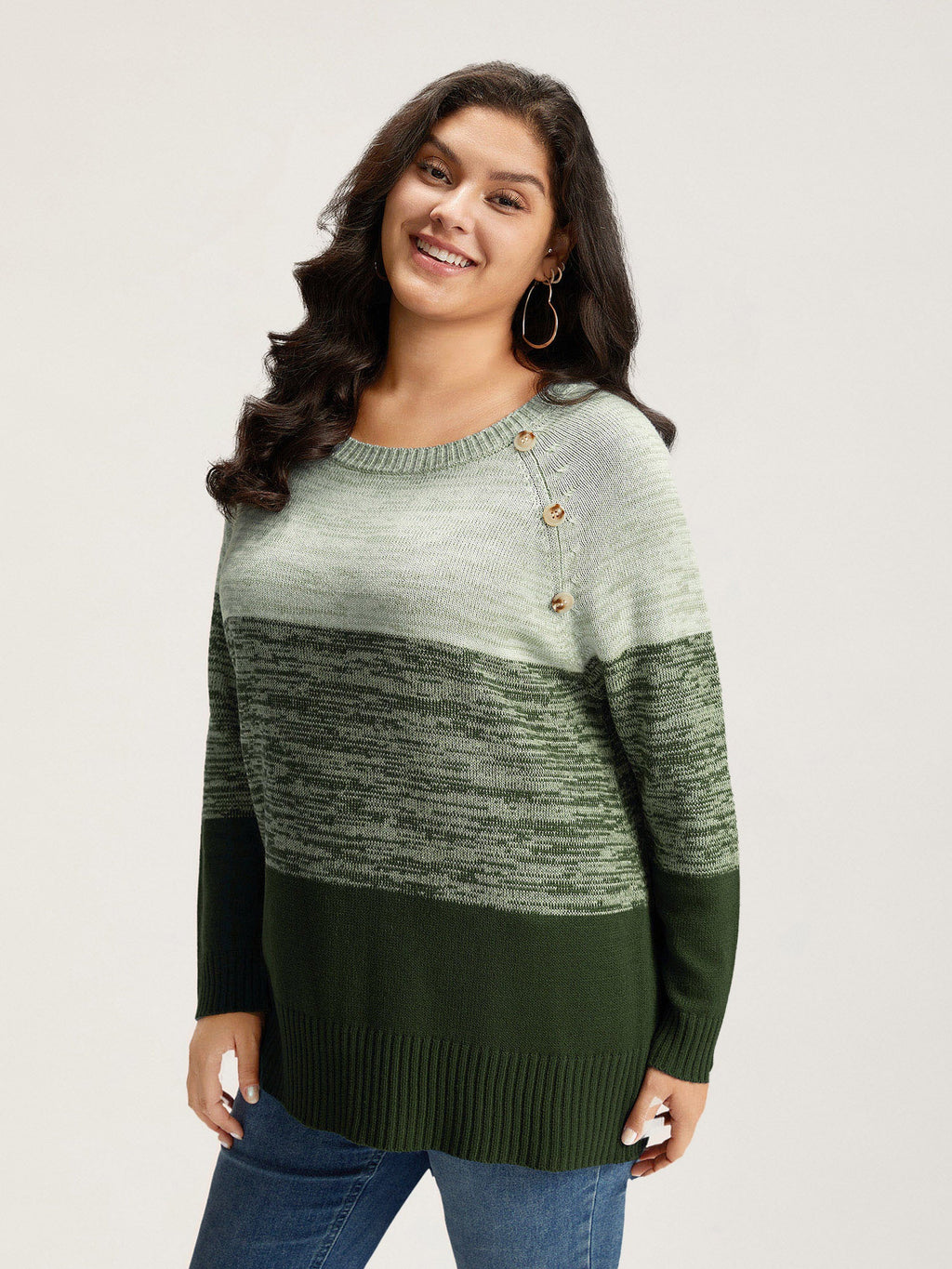 Colorblock Contrast Heather Button Detail Pullover