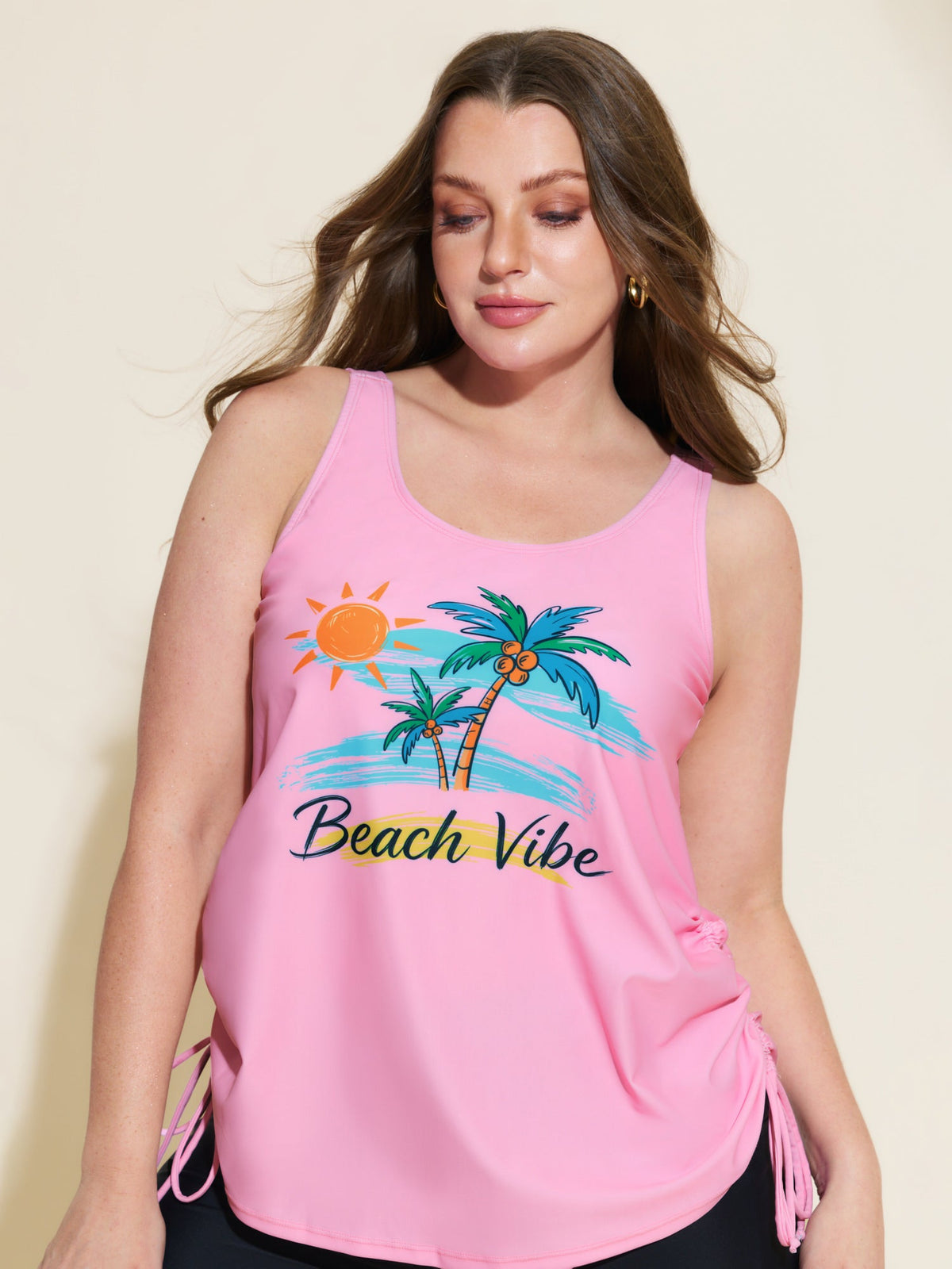 Island Print Drawstring Adjustable Swim Top