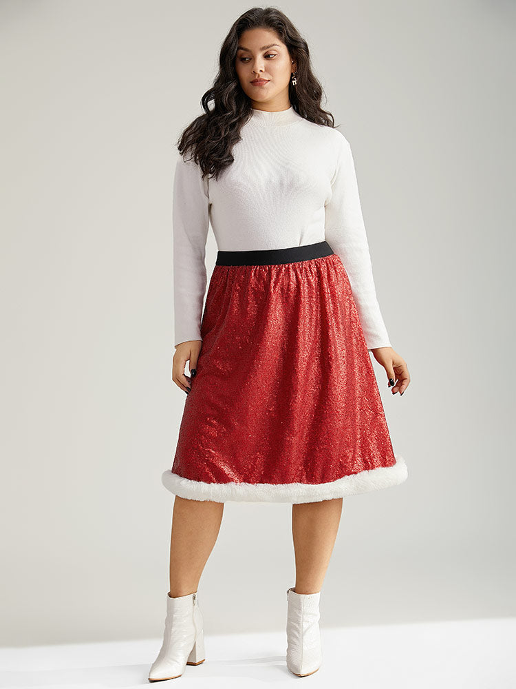 Christmas Sequin Patchwork Fuzzy Trim Skirt