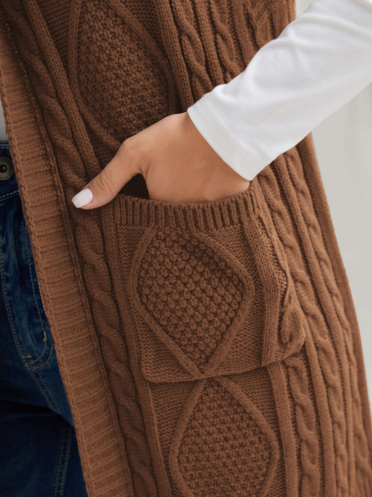 Hooded Sleeveless Cable Knit Cardigan