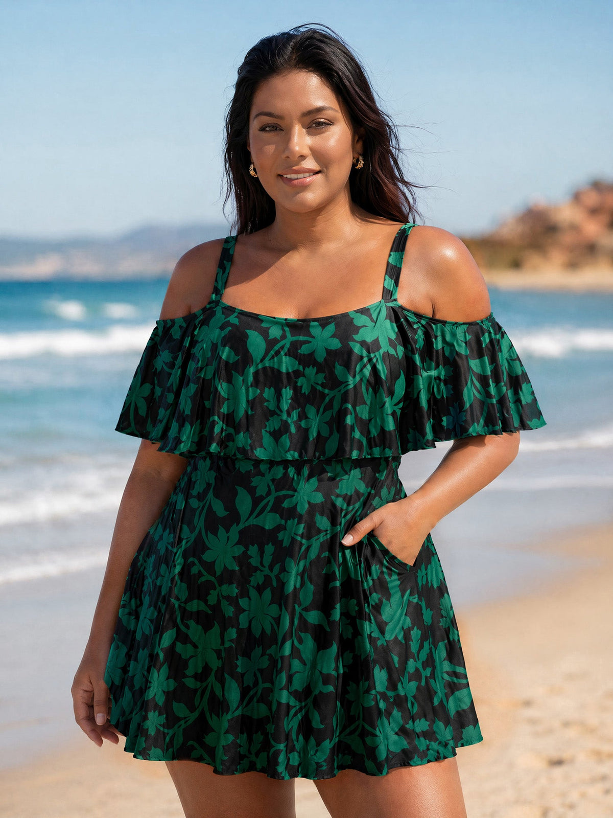 Floral Ruffle Trim Off Shoulder Pockets Swim Dress