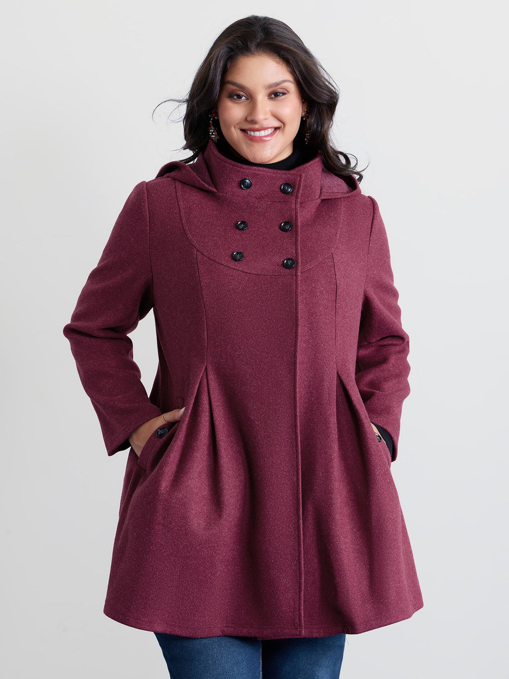 Hooded Pleated Pockets Waist-Defining Coat