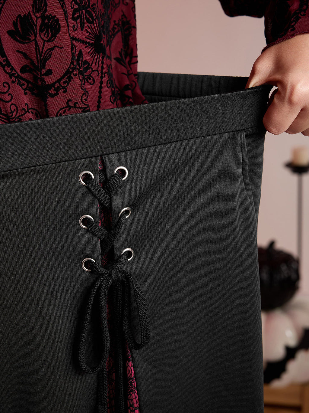 Skull Mesh Panel Cross-Tie Maxi Skirt