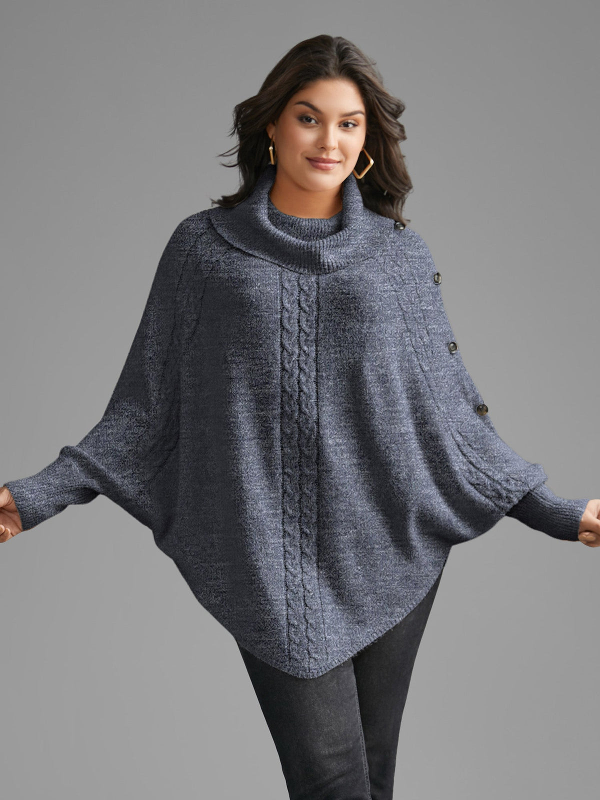 Turtleneck Cable Knit Asymmetrical Hem Pullover