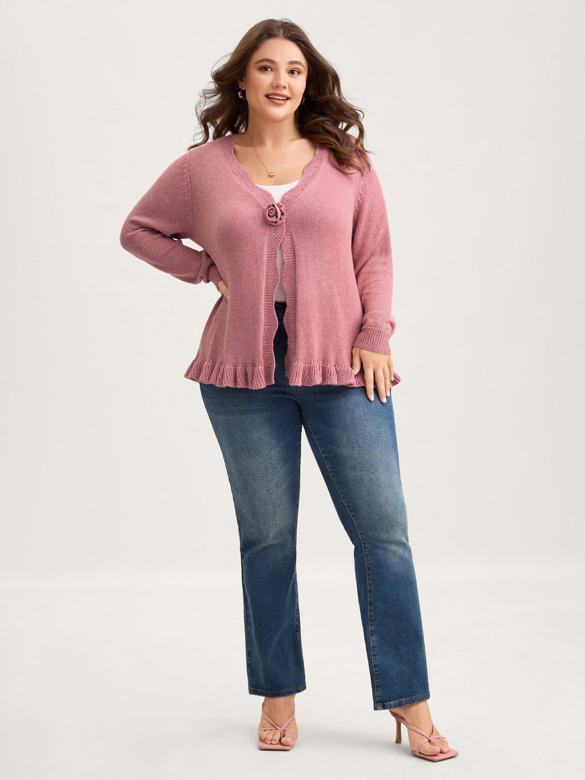Supersoft Textured Floral Button Ruffled Hem Knit Cardigan