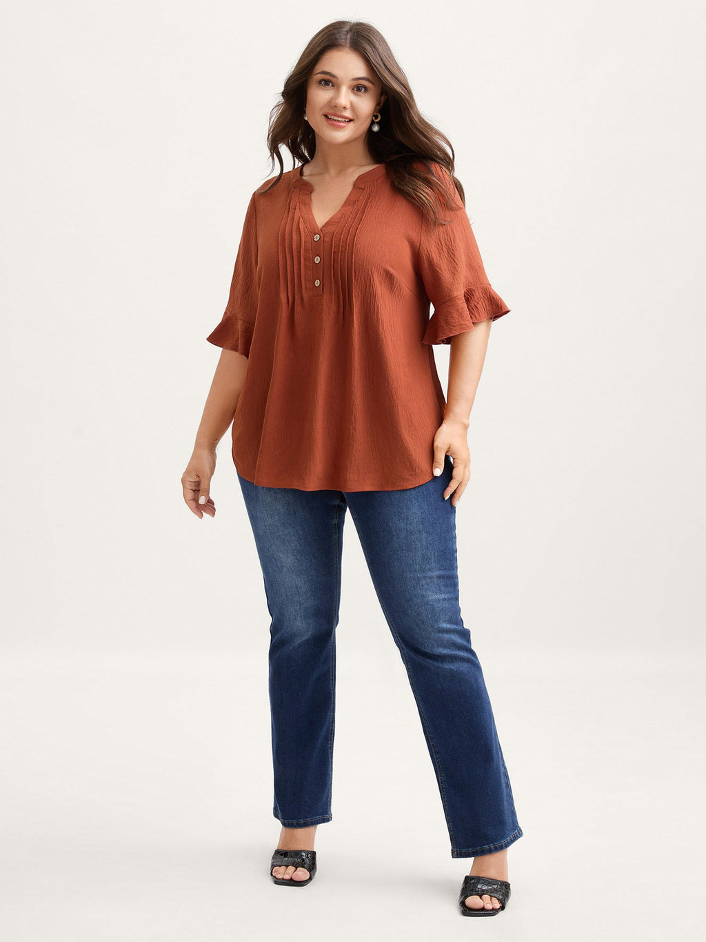 Toothpick Pleats Ruffled Sleeve Solid Blouse