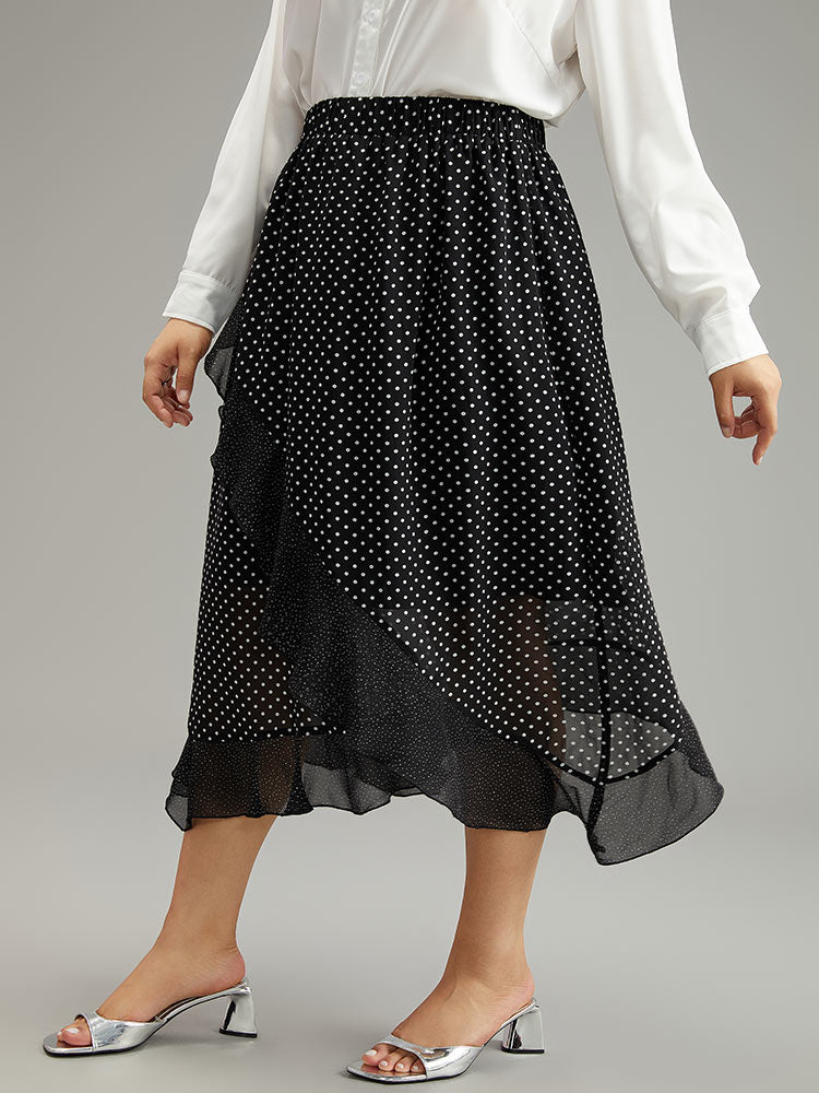 Polka Dot Ruffles Elastic Waist Mesh Patchwork Skirt