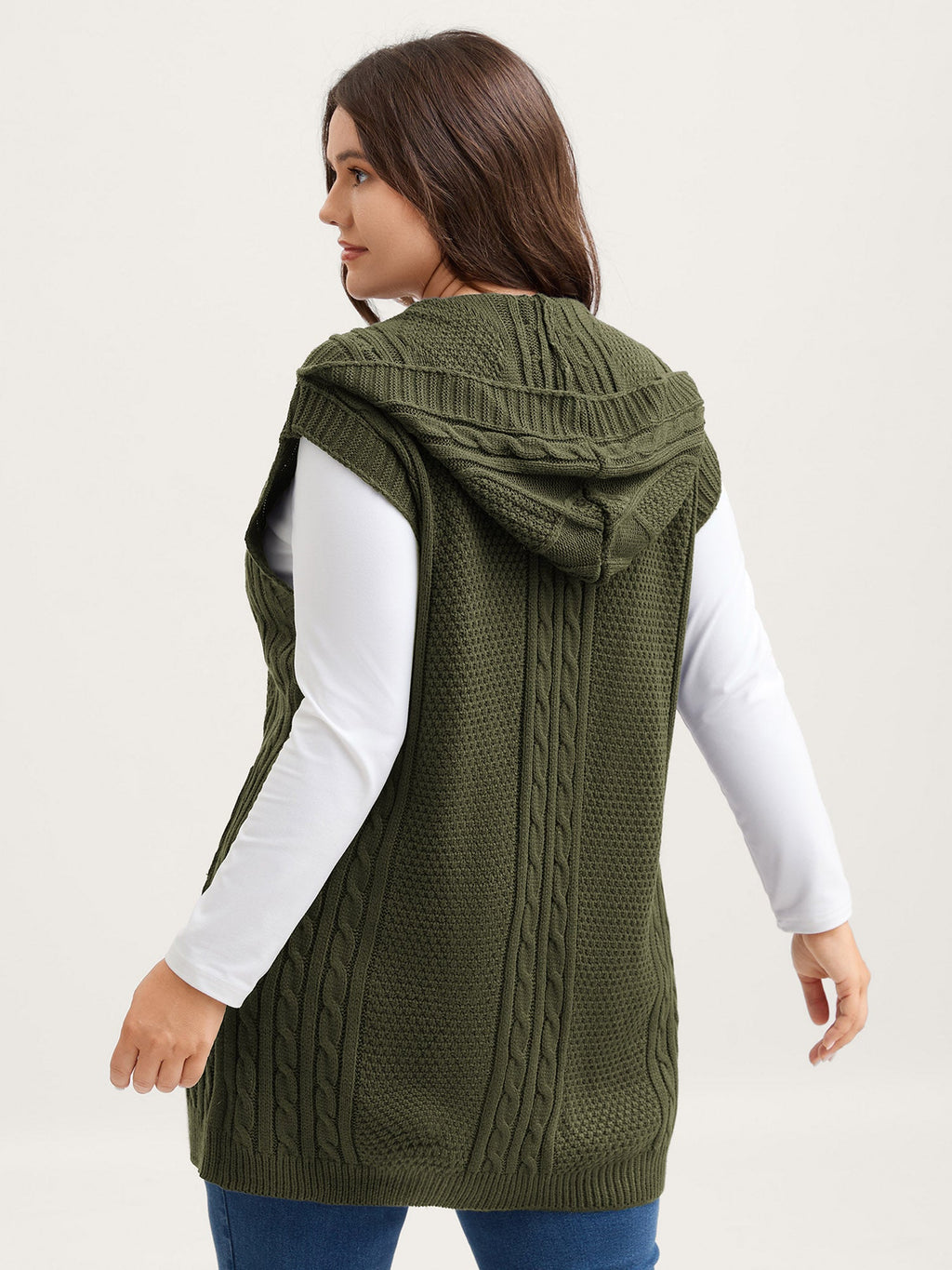Hooded Sleeveless Cable Knit Cardigan