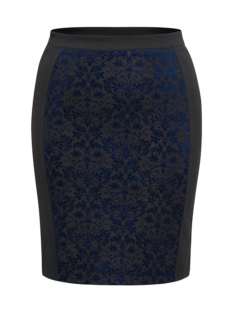 Silhouette Floral Print Contrast Flocking Skirt