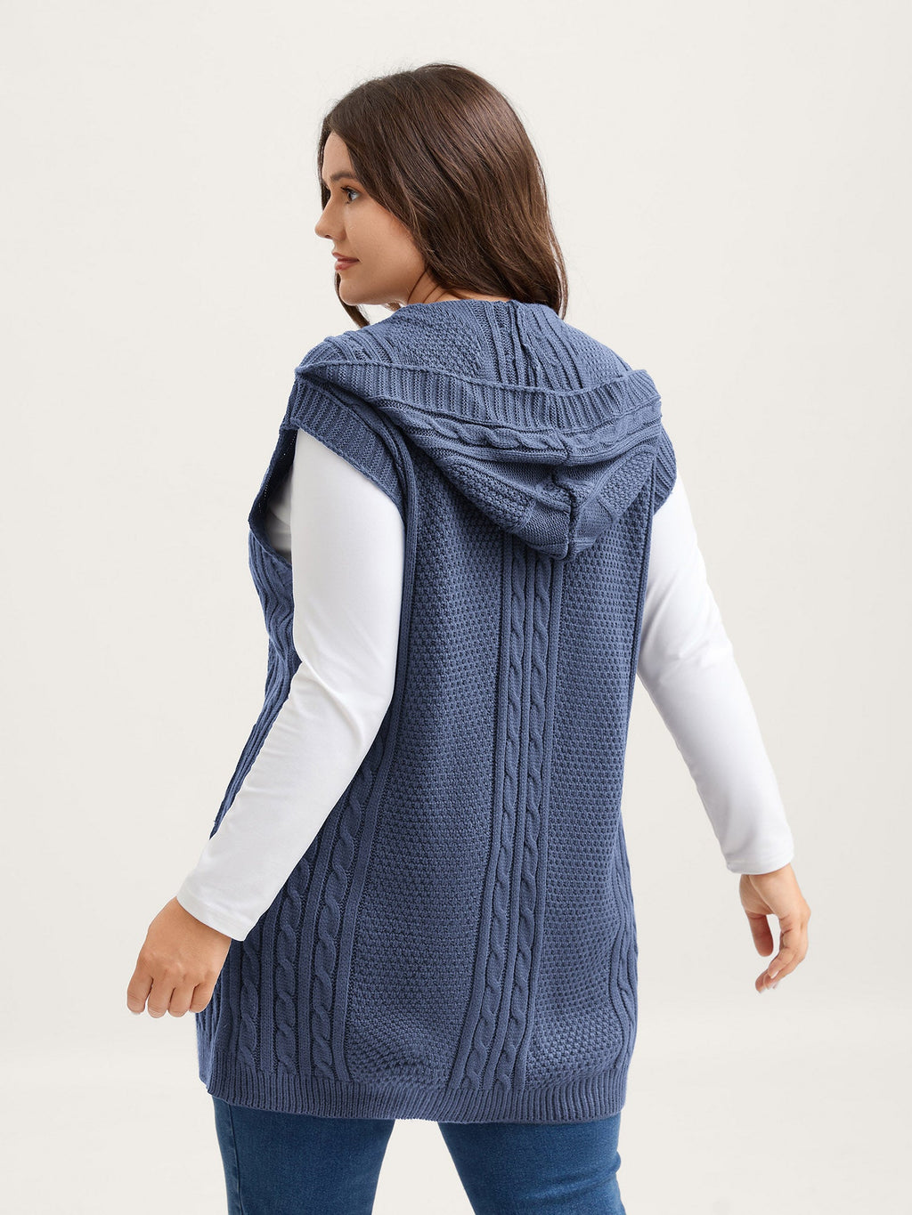 Hooded Sleeveless Cable Knit Cardigan