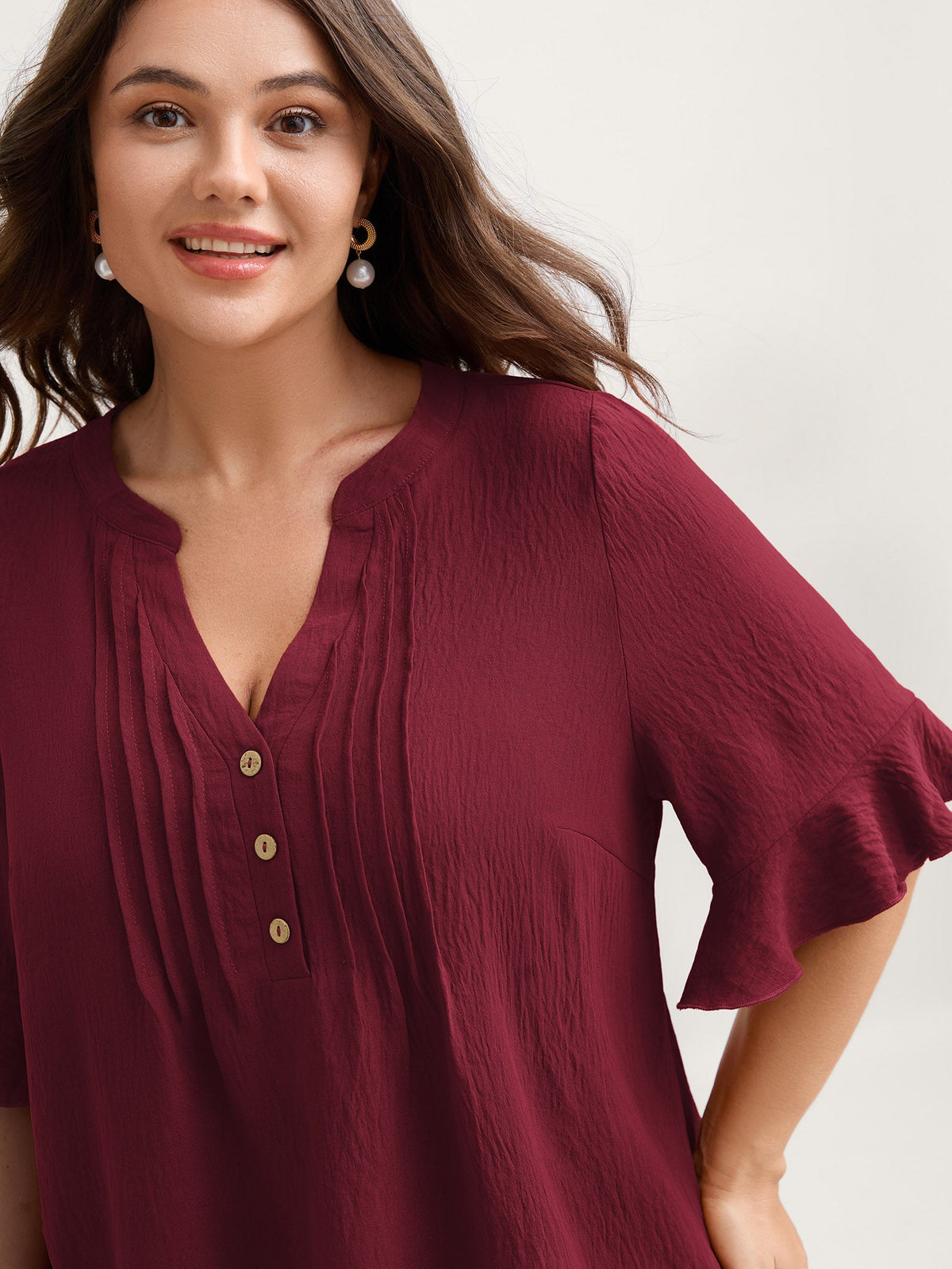 Toothpick Pleats Ruffled Sleeve Solid Blouse