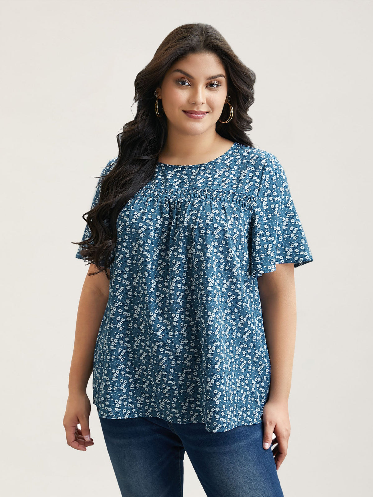 Floral Ruffle Sleeve Gathered Round Neck Blouse