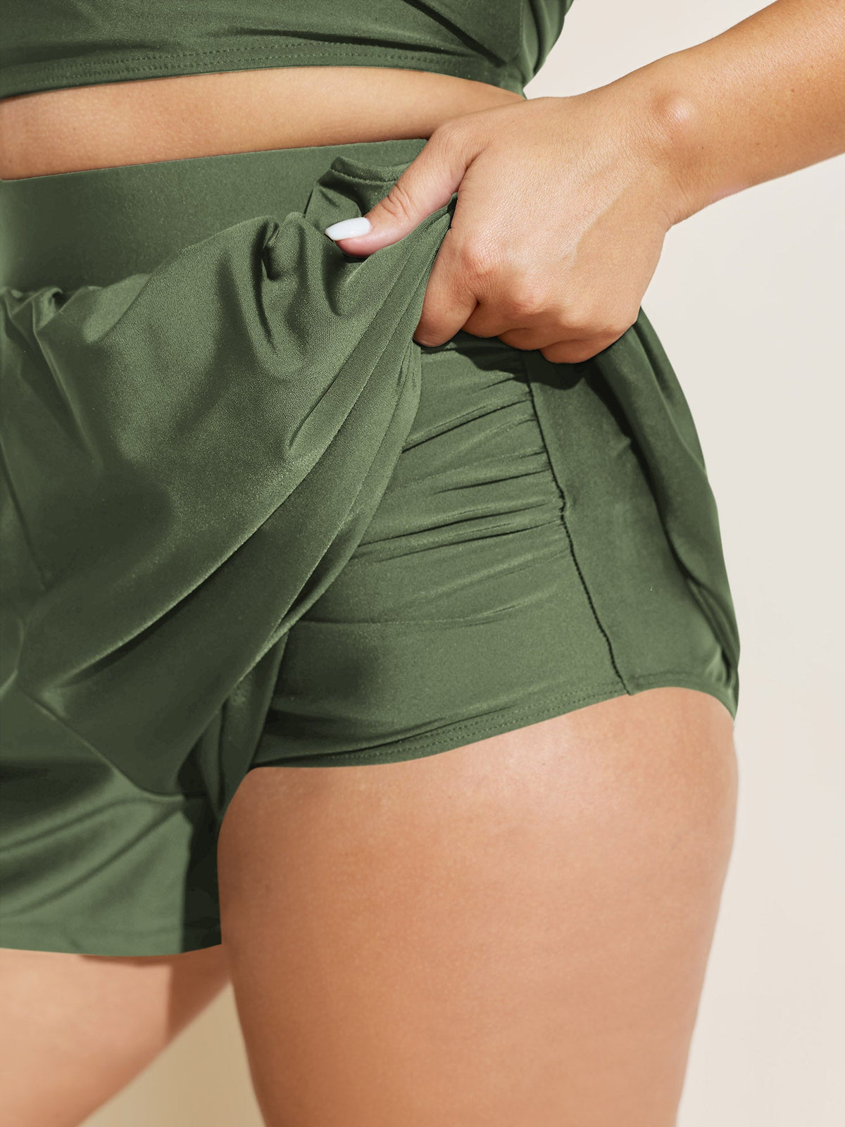 High Waisted Pockets Solid Pleated Swim Shorts
