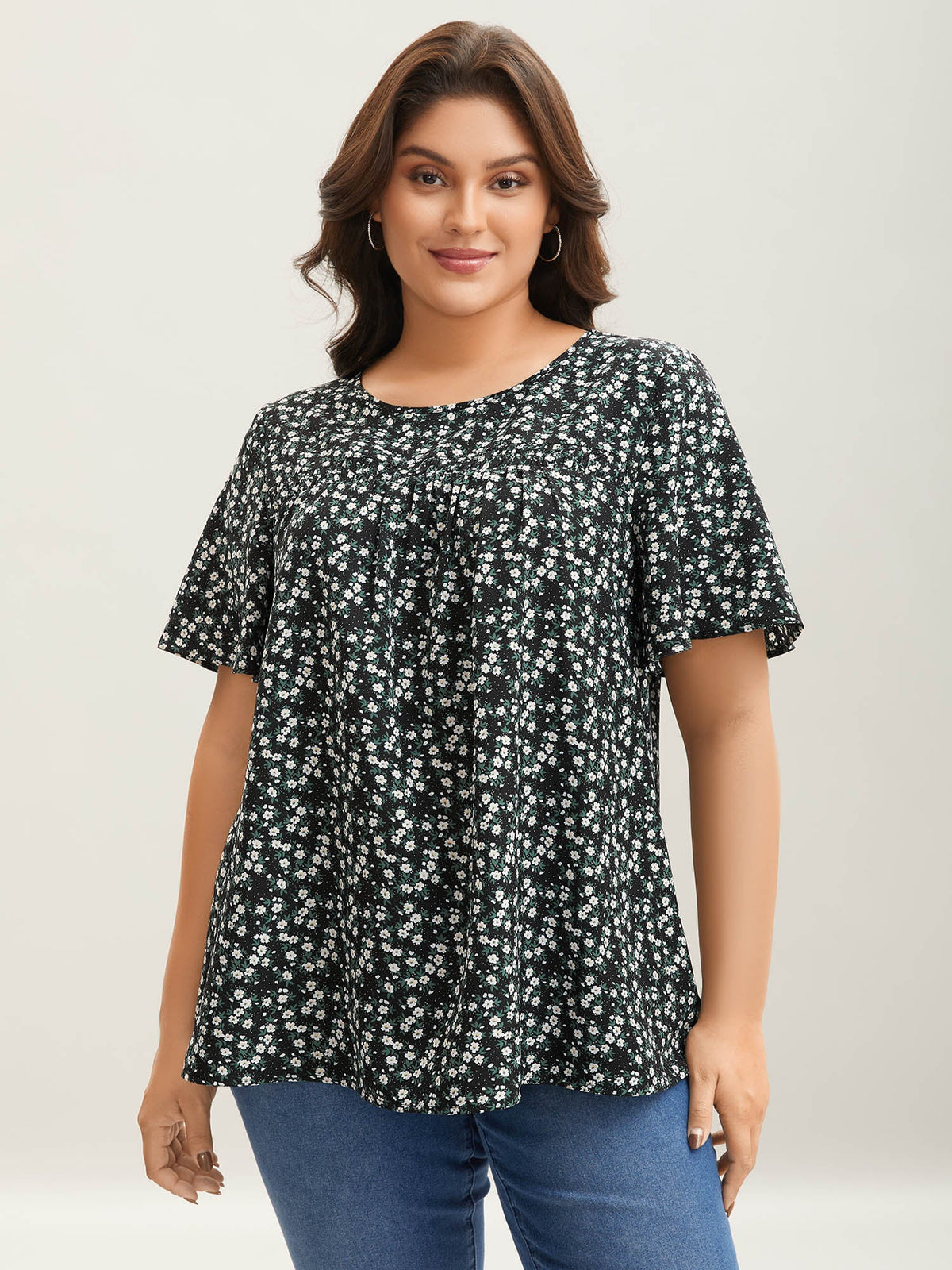 Floral Ruffle Sleeve Gathered Round Neck Blouse