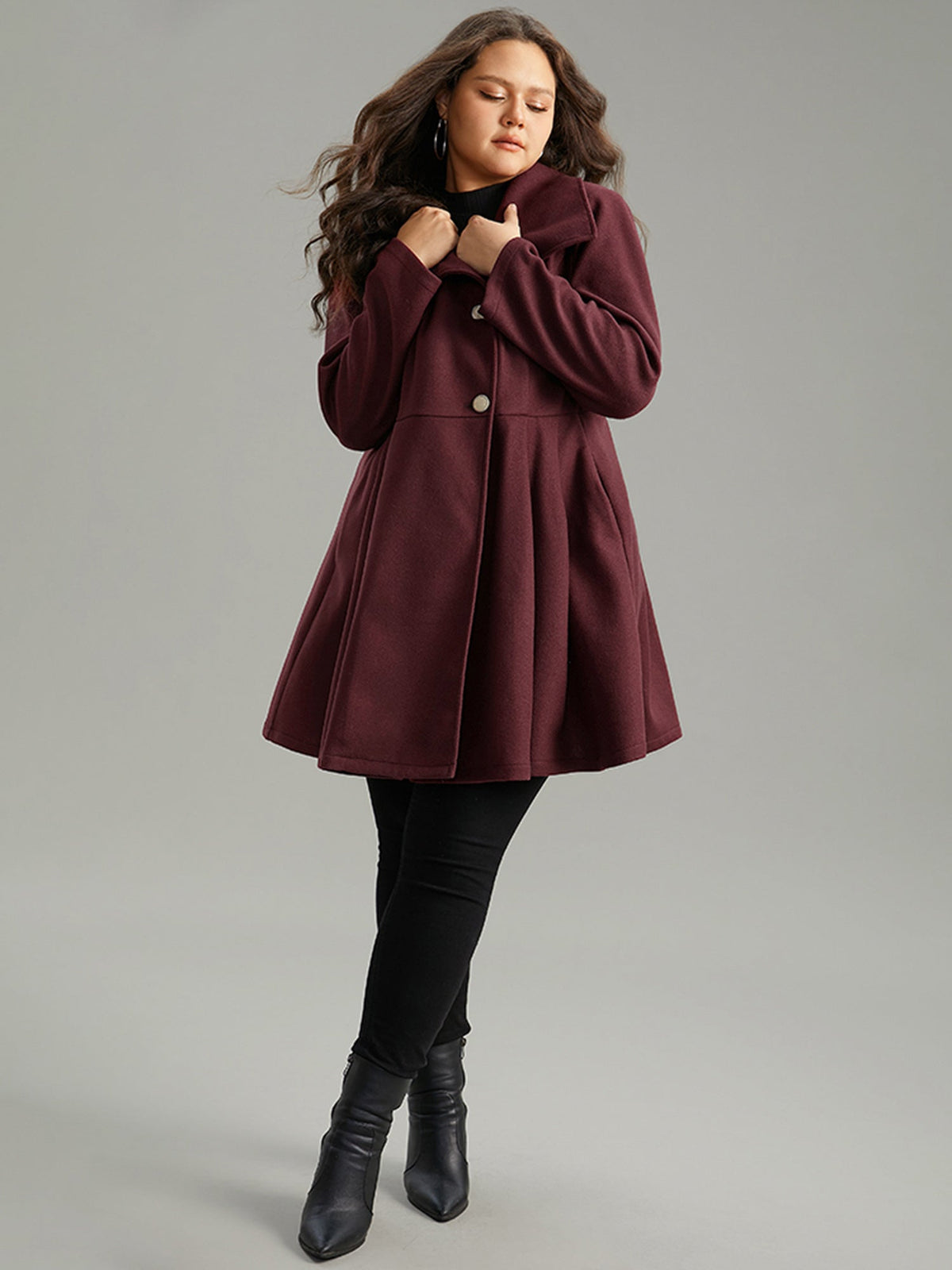 Plain Button Up Pocket Asymmetrical Lapel Collar Coat