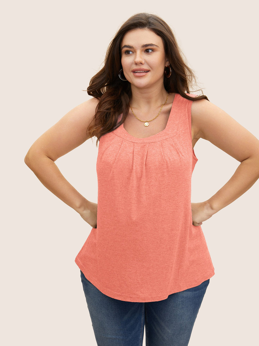 Heather Plicated Detail Square Neck Tank Top
