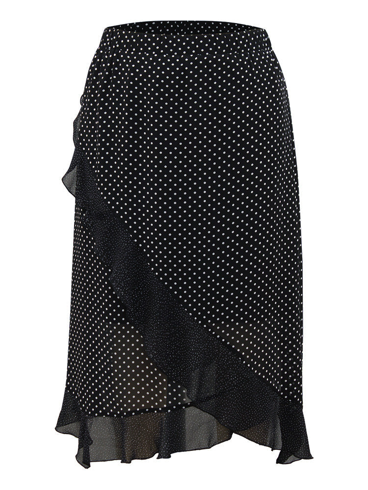 Polka Dot Ruffles Elastic Waist Mesh Patchwork Skirt