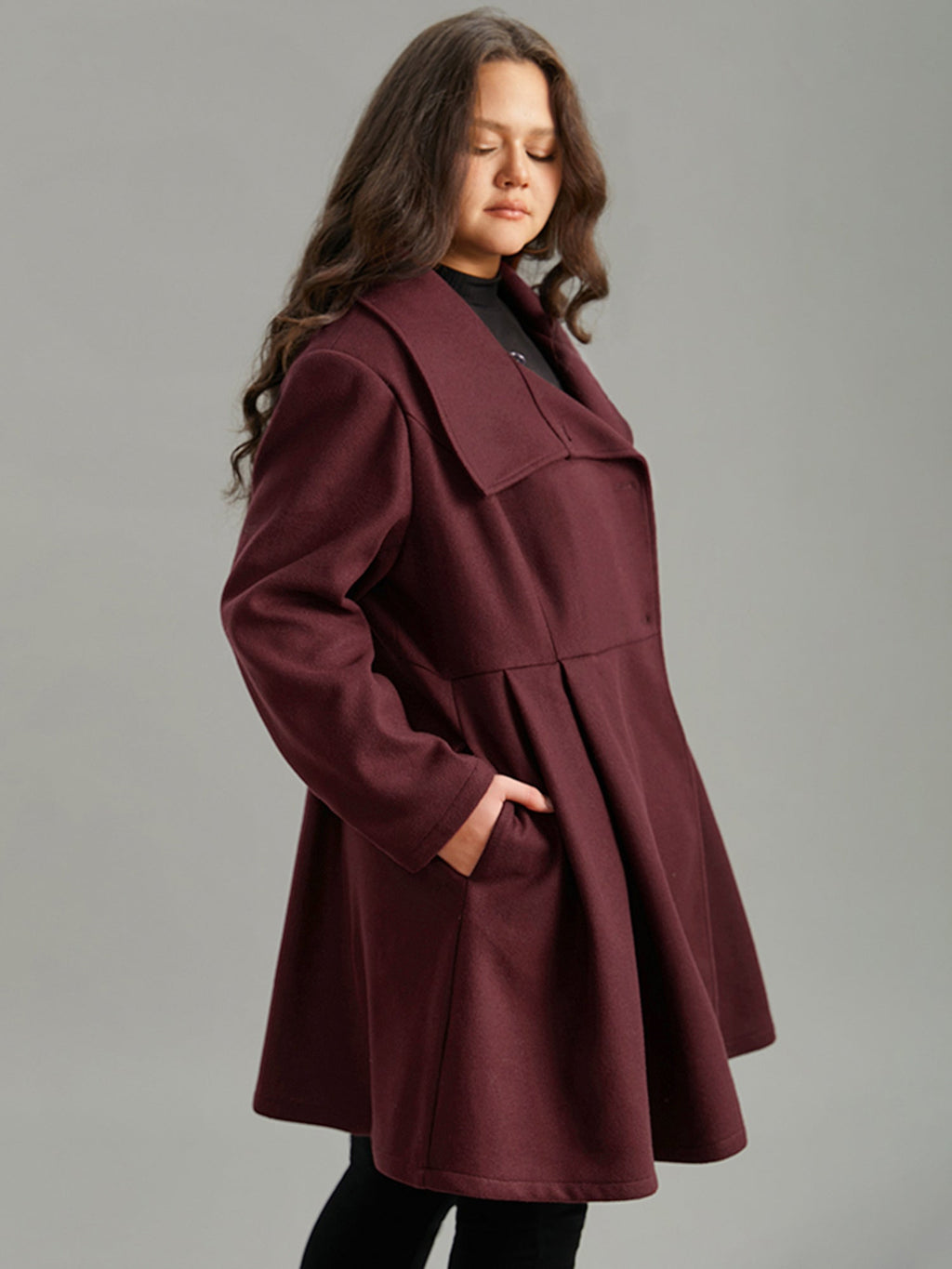 Plain Button Up Pocket Asymmetrical Lapel Collar Coat