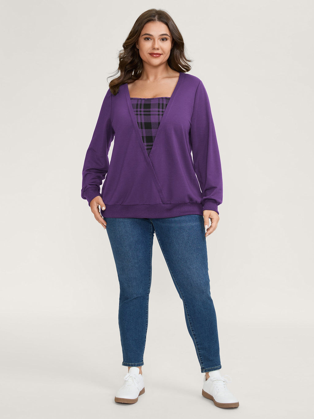 Plaid Spliced Wrap Contrast Sweatshirt